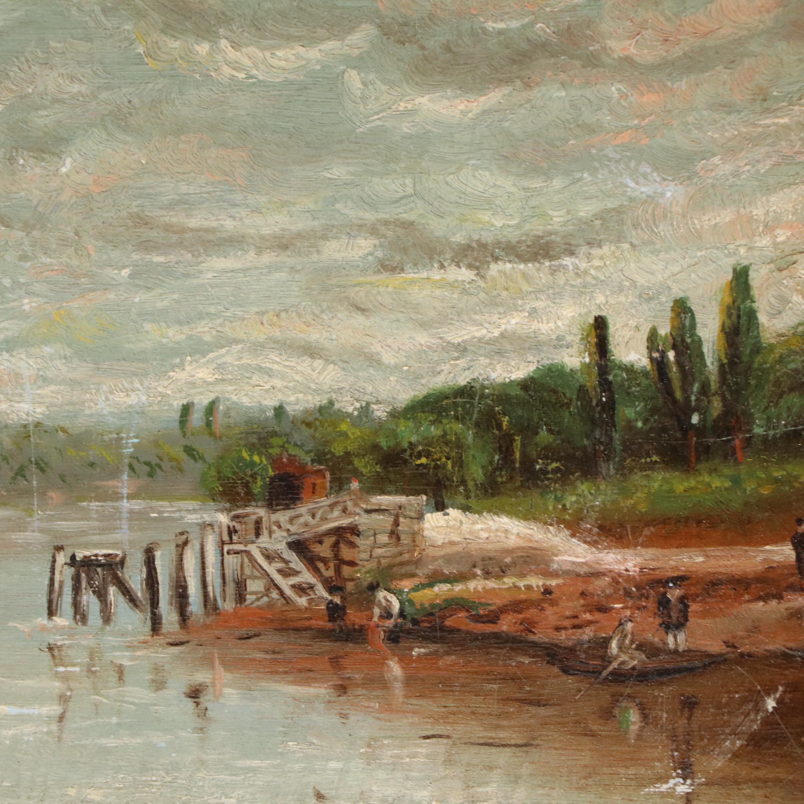 Scenic Oil Painting with Riverside Landscape, 20th Century