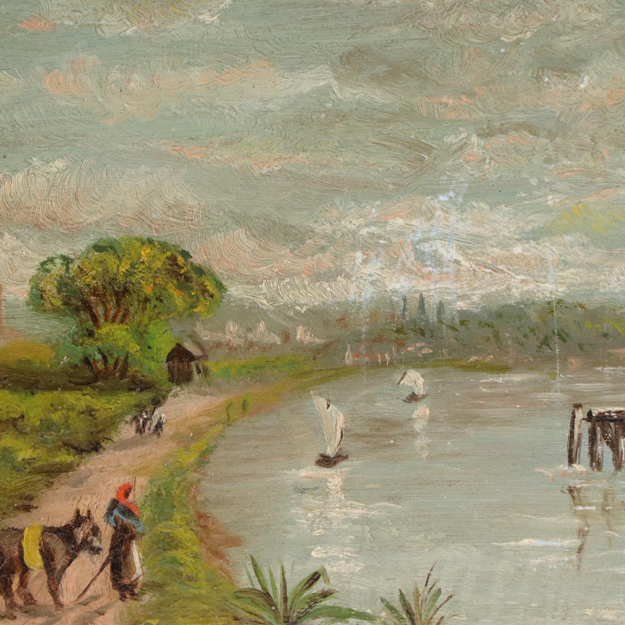 Scenic Oil Painting with Riverside Landscape, 20th Century