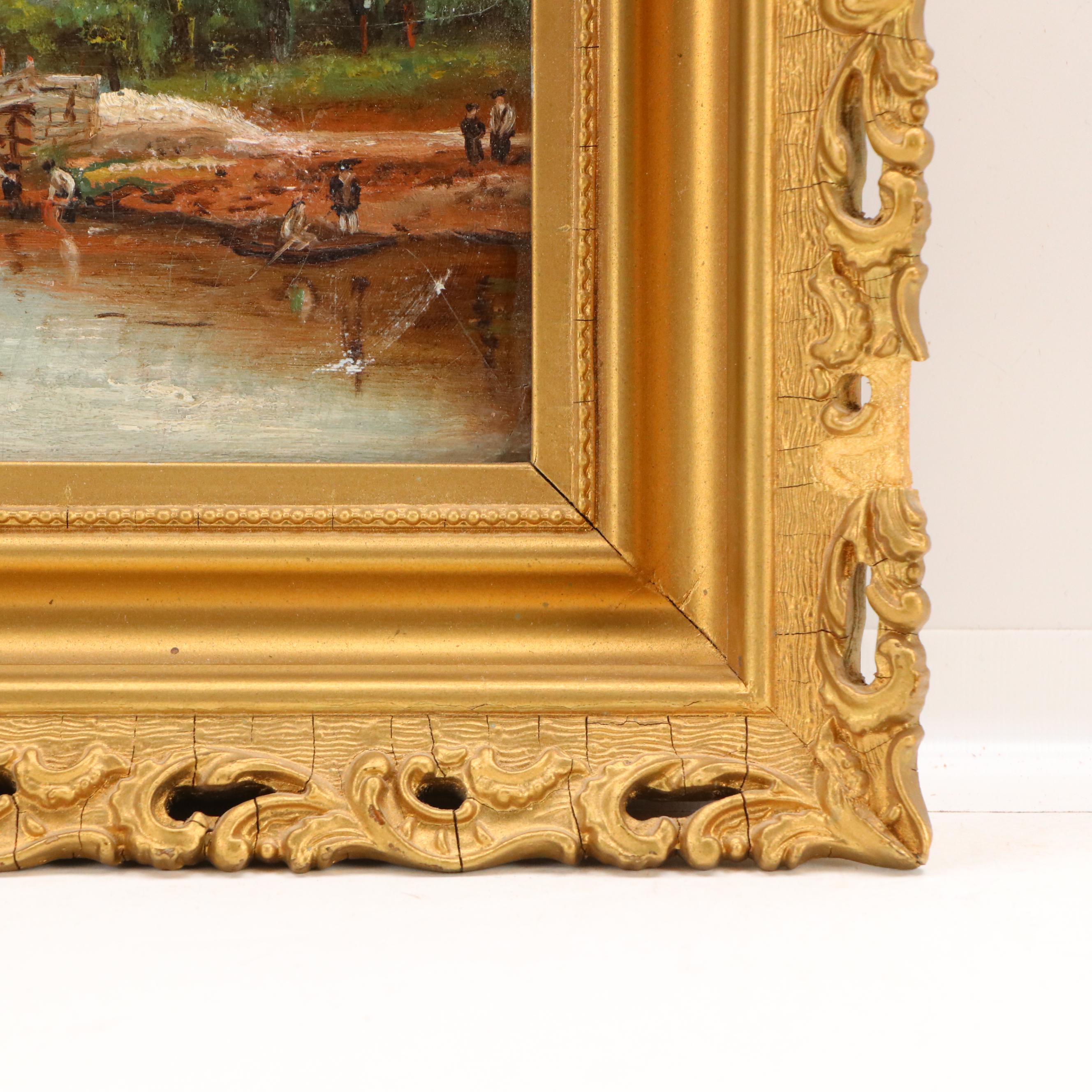 Scenic Oil Painting with Riverside Landscape, 20th Century