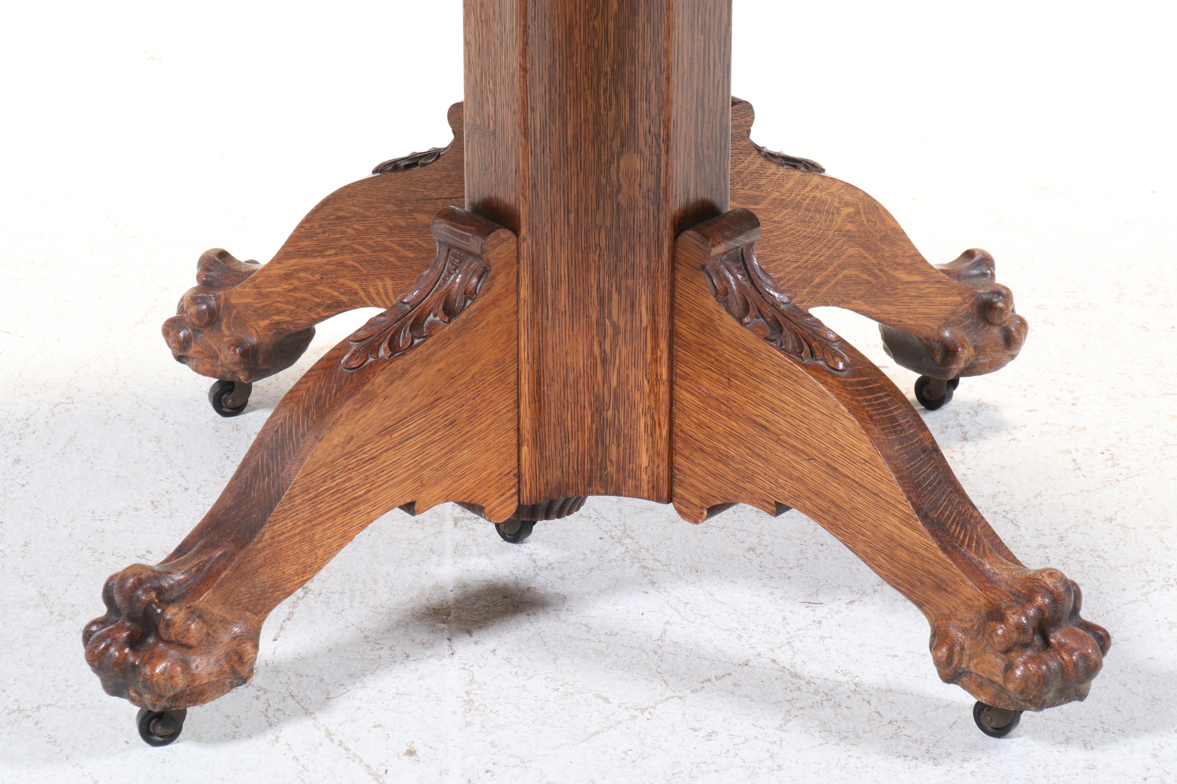Oak Claw Foot Pedestal Dining Table, Late 19th/Early 20th Century