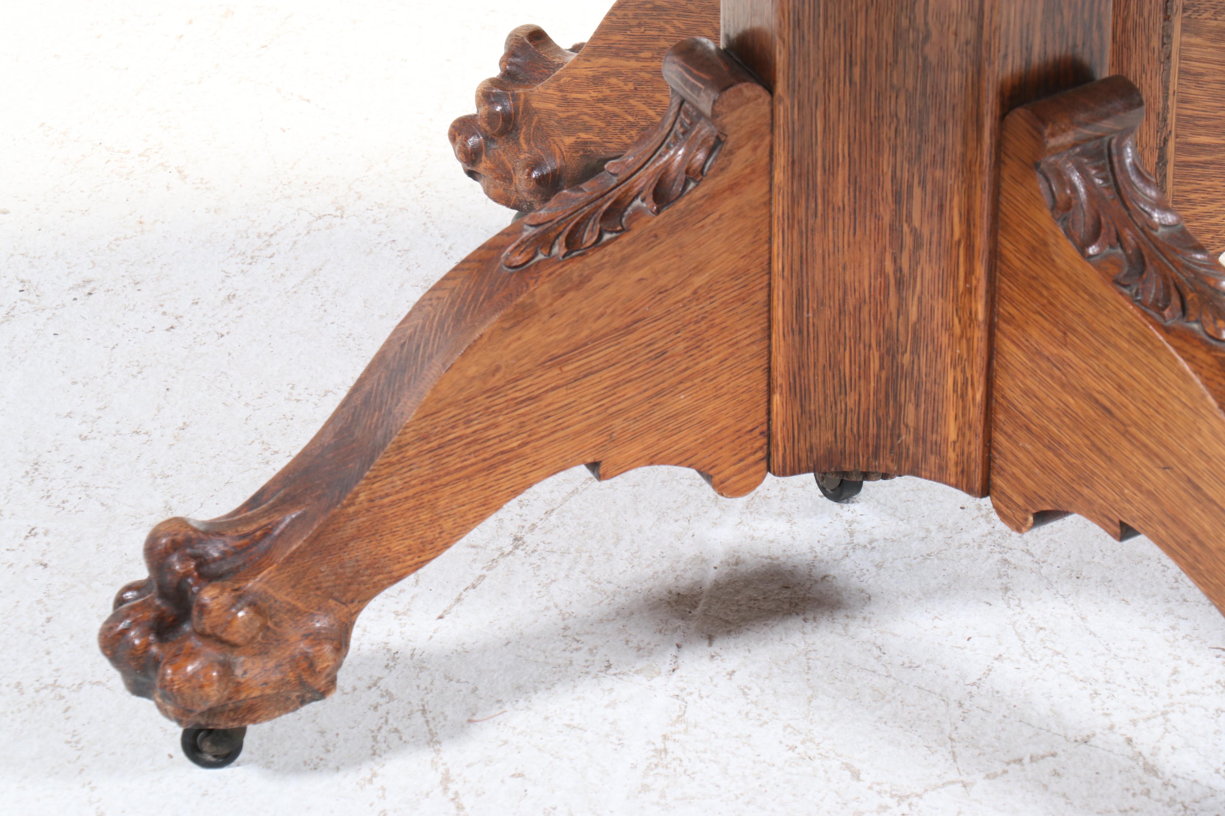 Oak Claw Foot Pedestal Dining Table, Late 19th/Early 20th Century