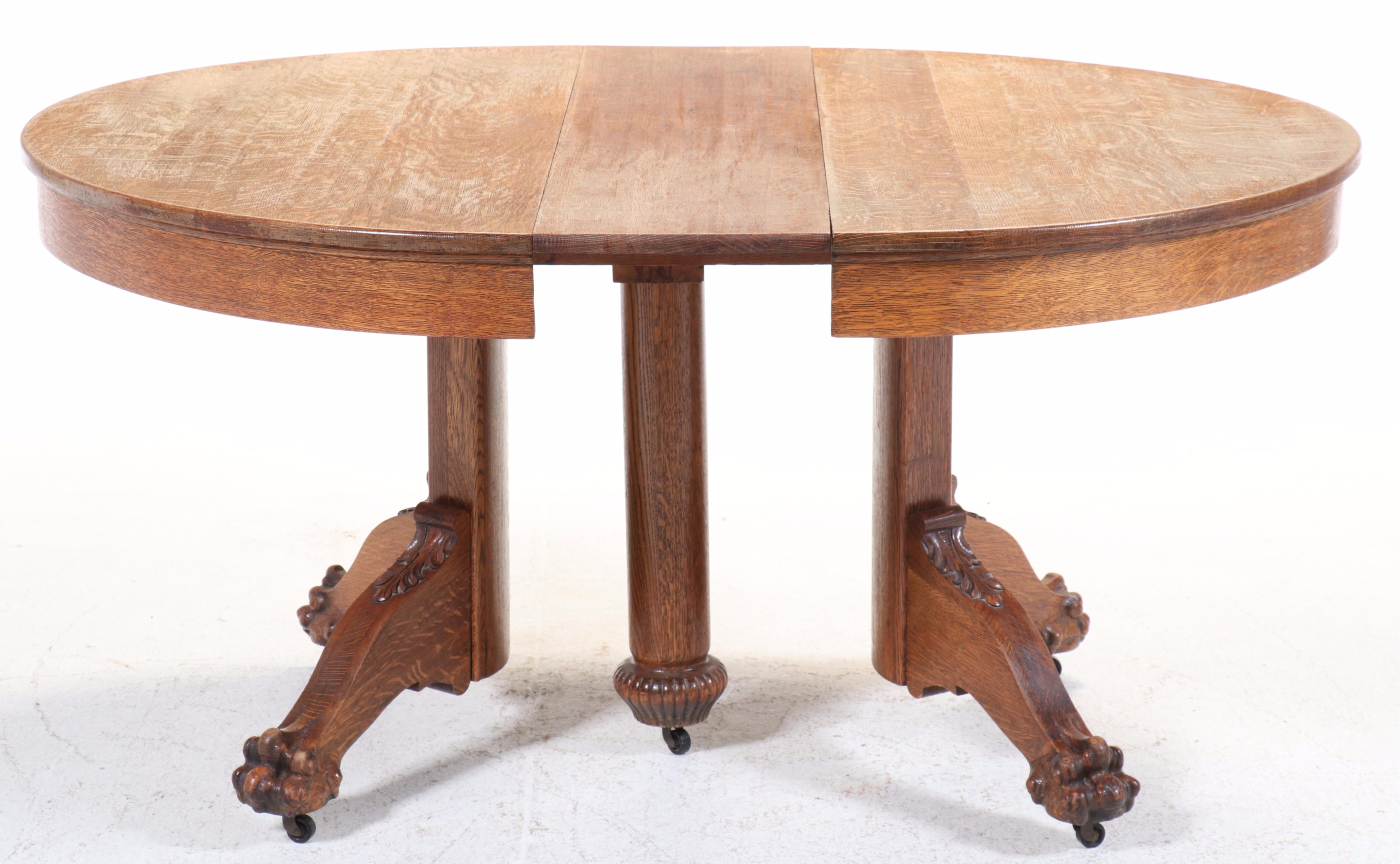 Oak Claw Foot Pedestal Dining Table, Late 19th/Early 20th Century