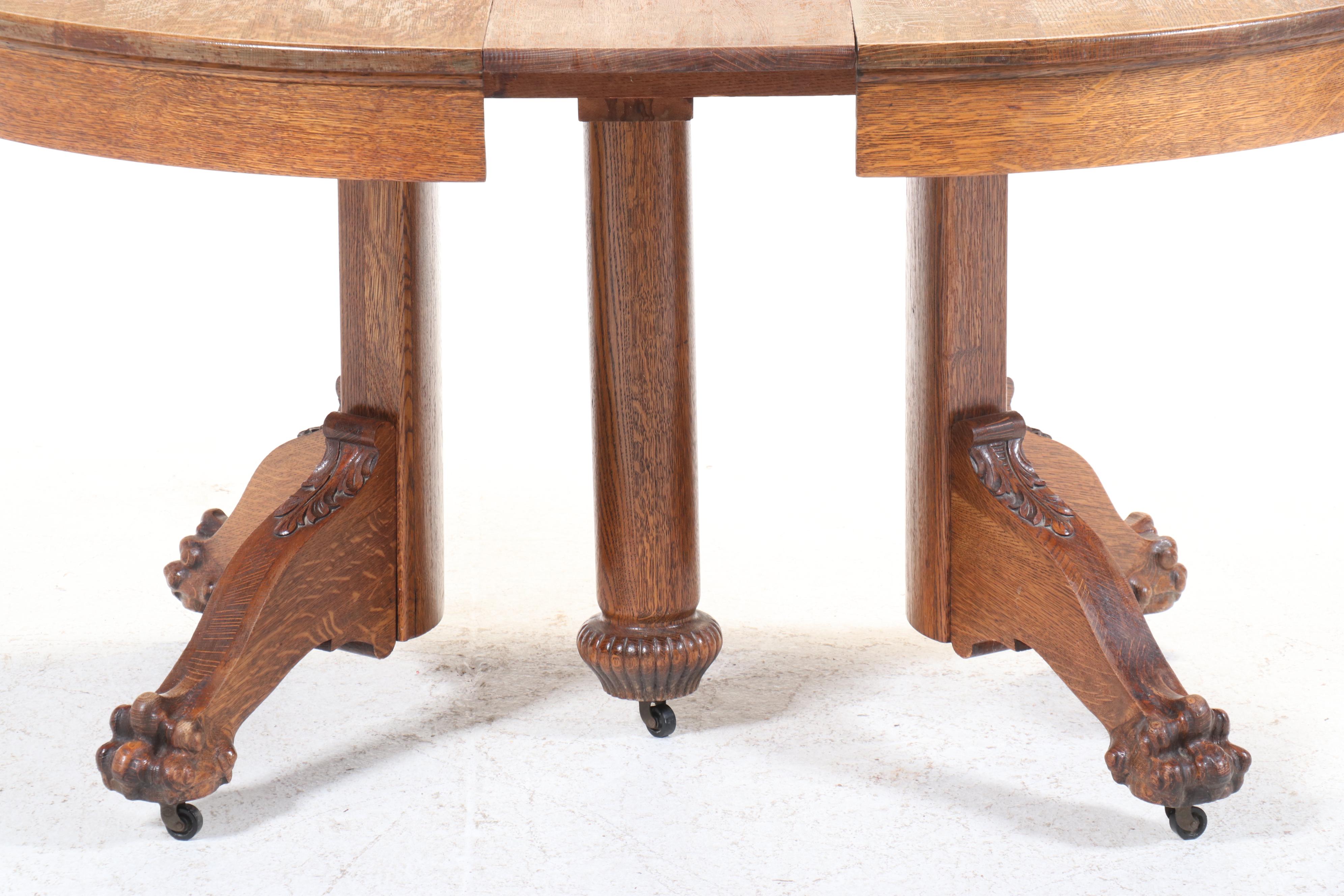 Oak Claw Foot Pedestal Dining Table, Late 19th/Early 20th Century