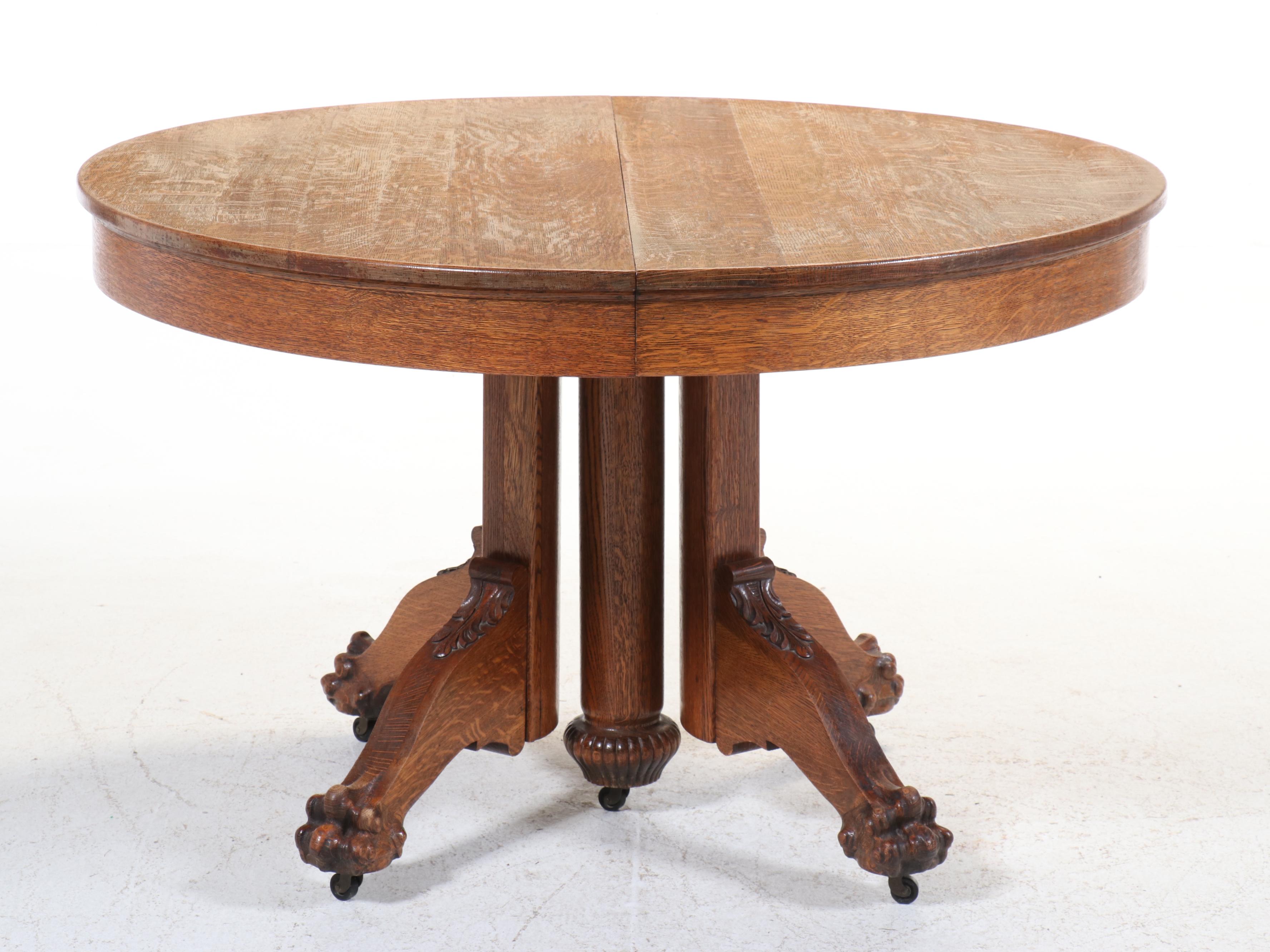 Oak Claw Foot Pedestal Dining Table, Late 19th/Early 20th Century
