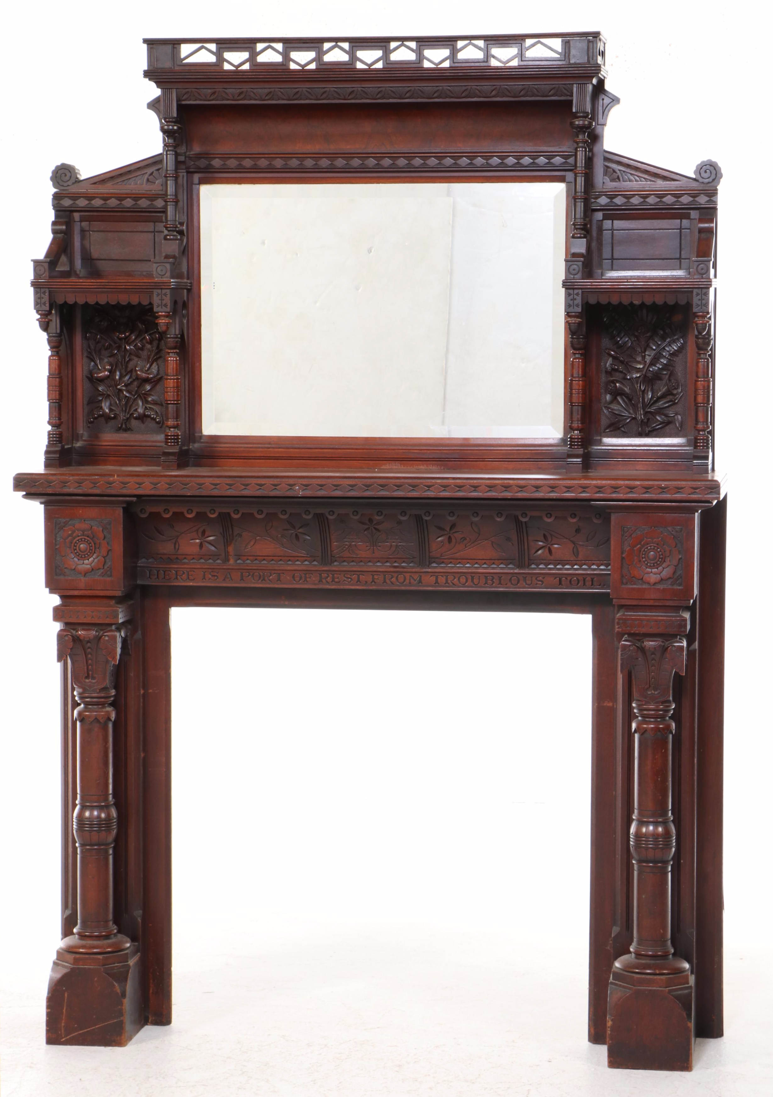 Victorian Carved Mahogany Fireplace Mantel with Mirror, 19th Century