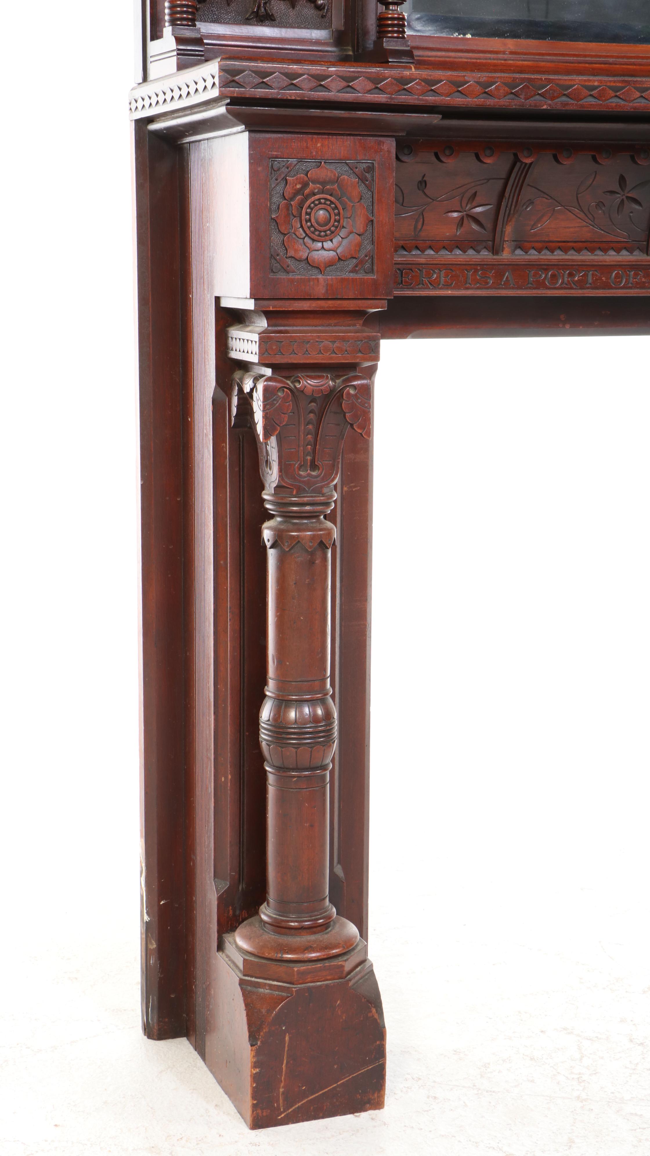Victorian Carved Mahogany Fireplace Mantel with Mirror, 19th Century