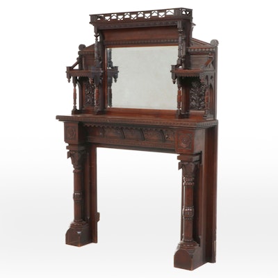 Victorian Carved Mahogany Fireplace Mantel with Mirror, 19th Century Victorian Carved Mahogany Fireplace Mantel with Mirror, 19th Century