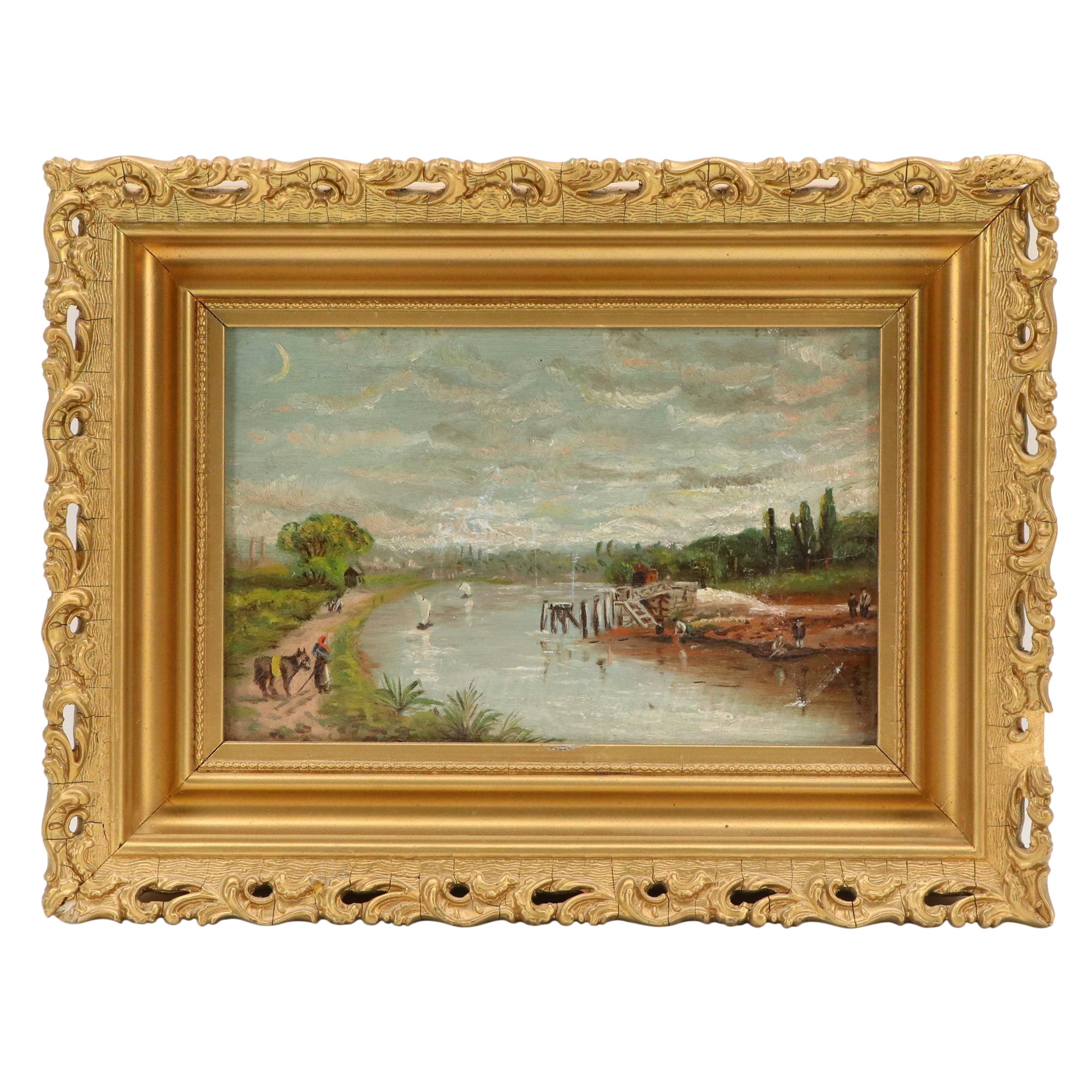 Scenic Oil Painting with Riverside Landscape, 20th Century