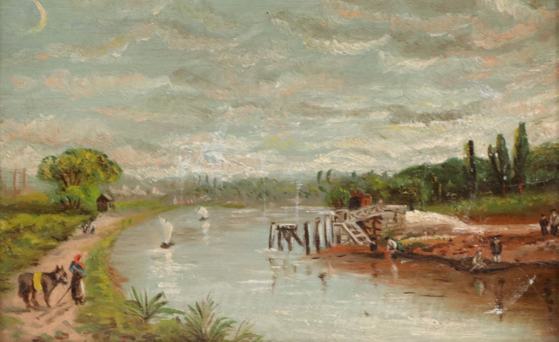 Scenic Oil Painting with Riverside Landscape, 20th Century