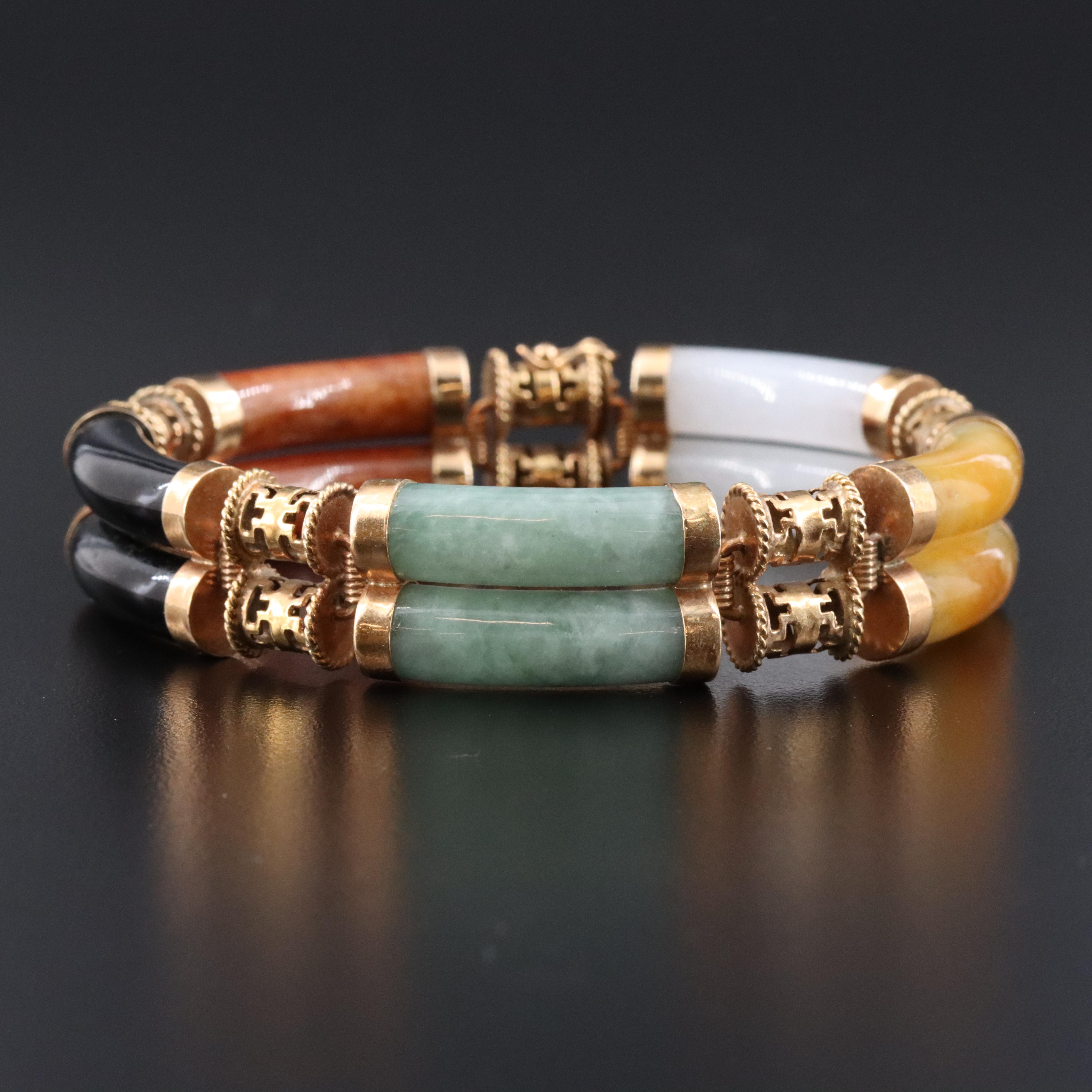 Vintage 14K Jadeite and Black Onyx Station Bracelet