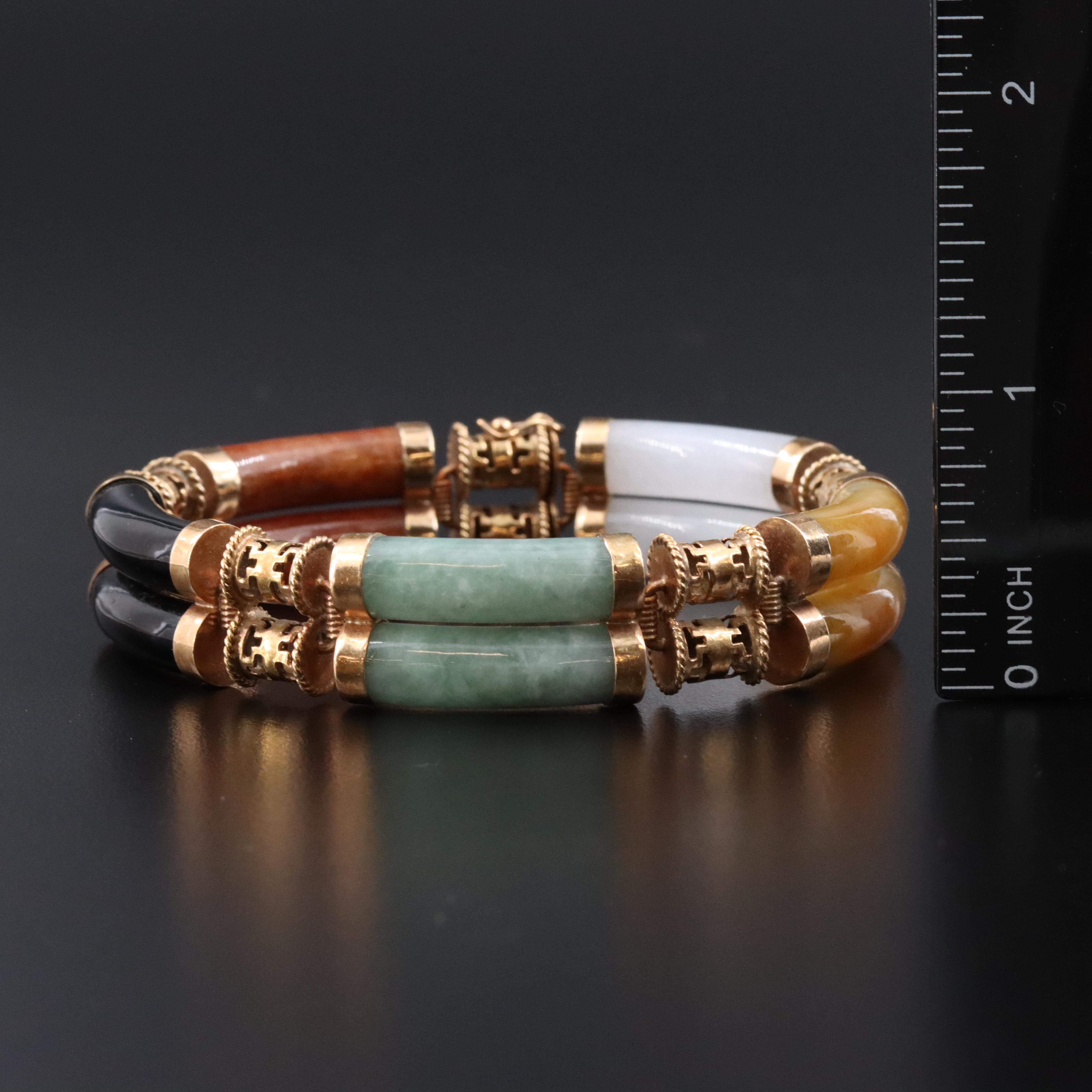 Vintage 14K Jadeite and Black Onyx Station Bracelet