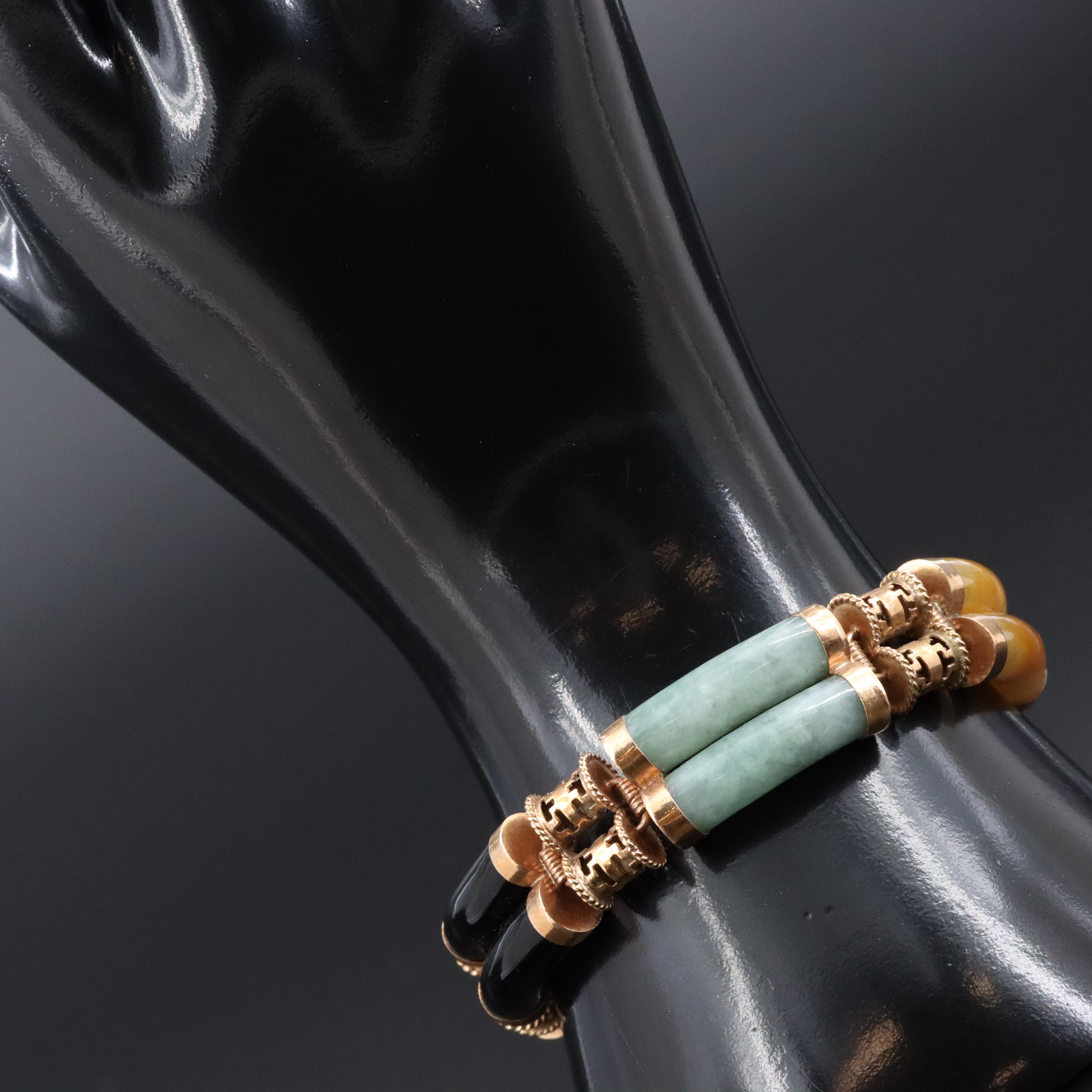 Vintage 14K Jadeite and Black Onyx Station Bracelet