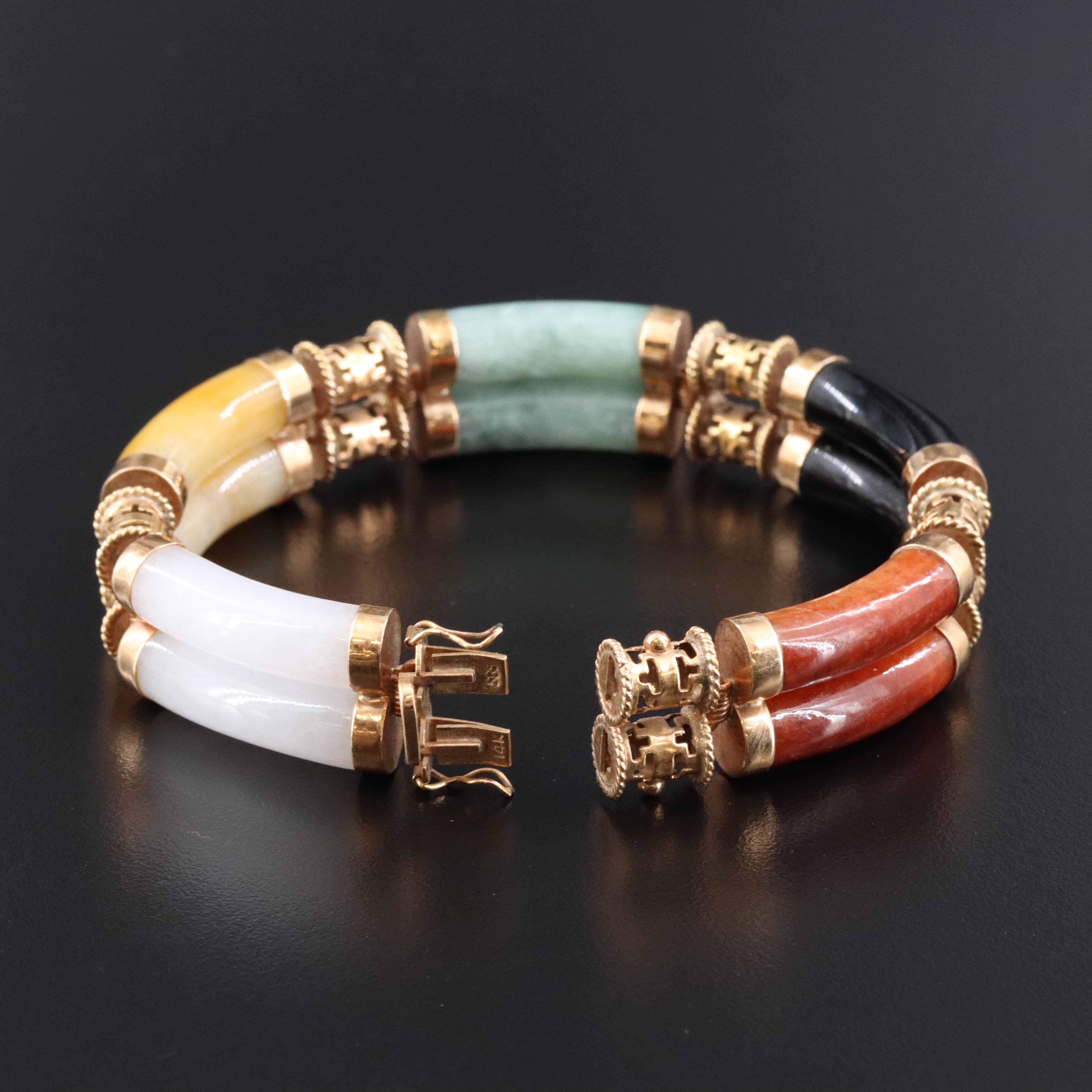 Vintage 14K Jadeite and Black Onyx Station Bracelet