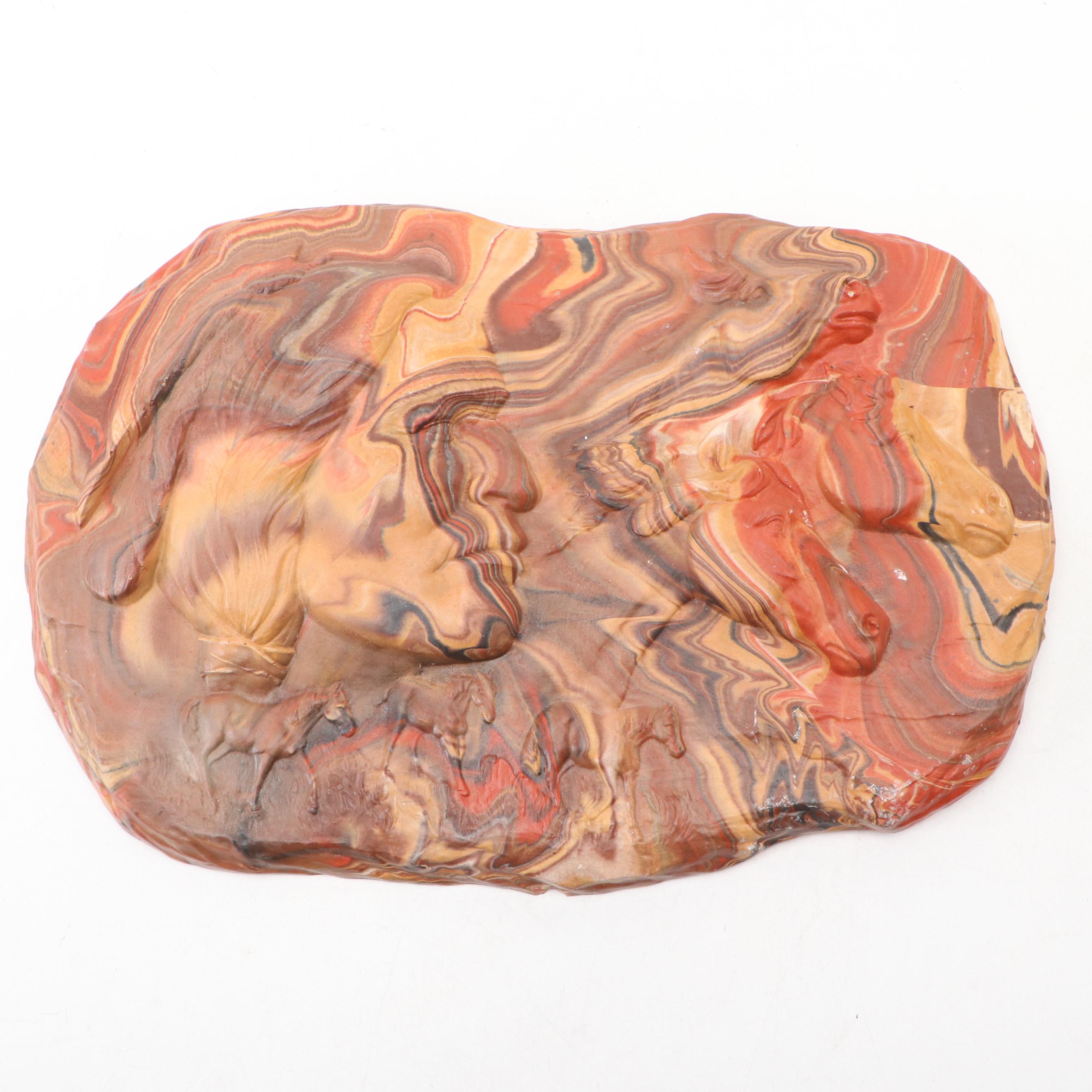 Kicking Bird Pottery Marbled Clay Plaque Profile of Warrior & Horses, 2006