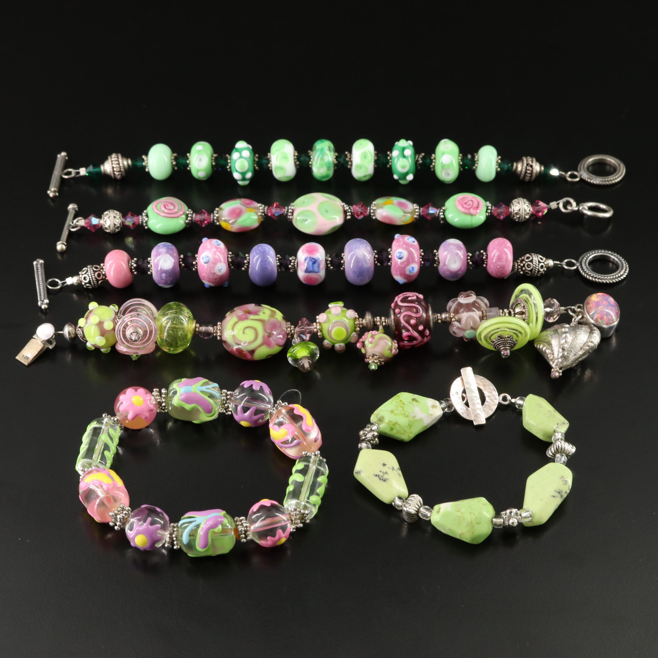 Lampwork and Art Glass Beaded Bracelets Including Sterling