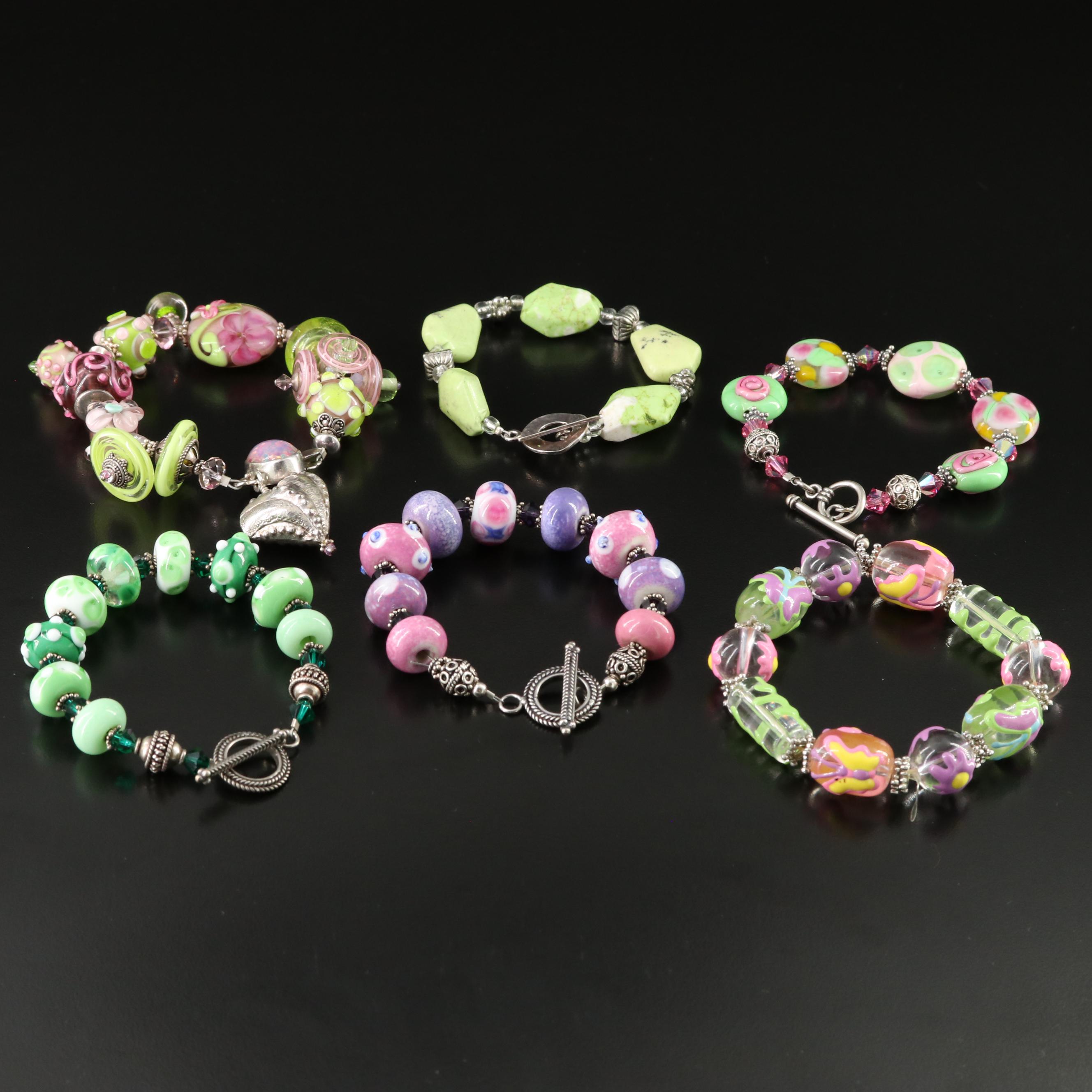 Lampwork and Art Glass Beaded Bracelets Including Sterling