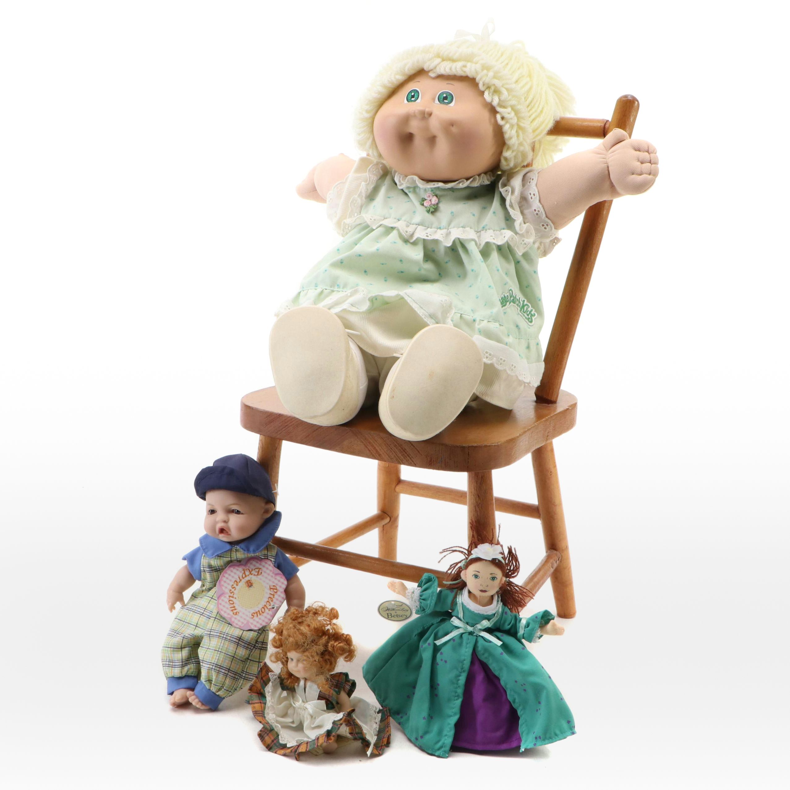 Cabbage Patch, Colonial Williamsburg, and Other Dolls with Miniature Chair