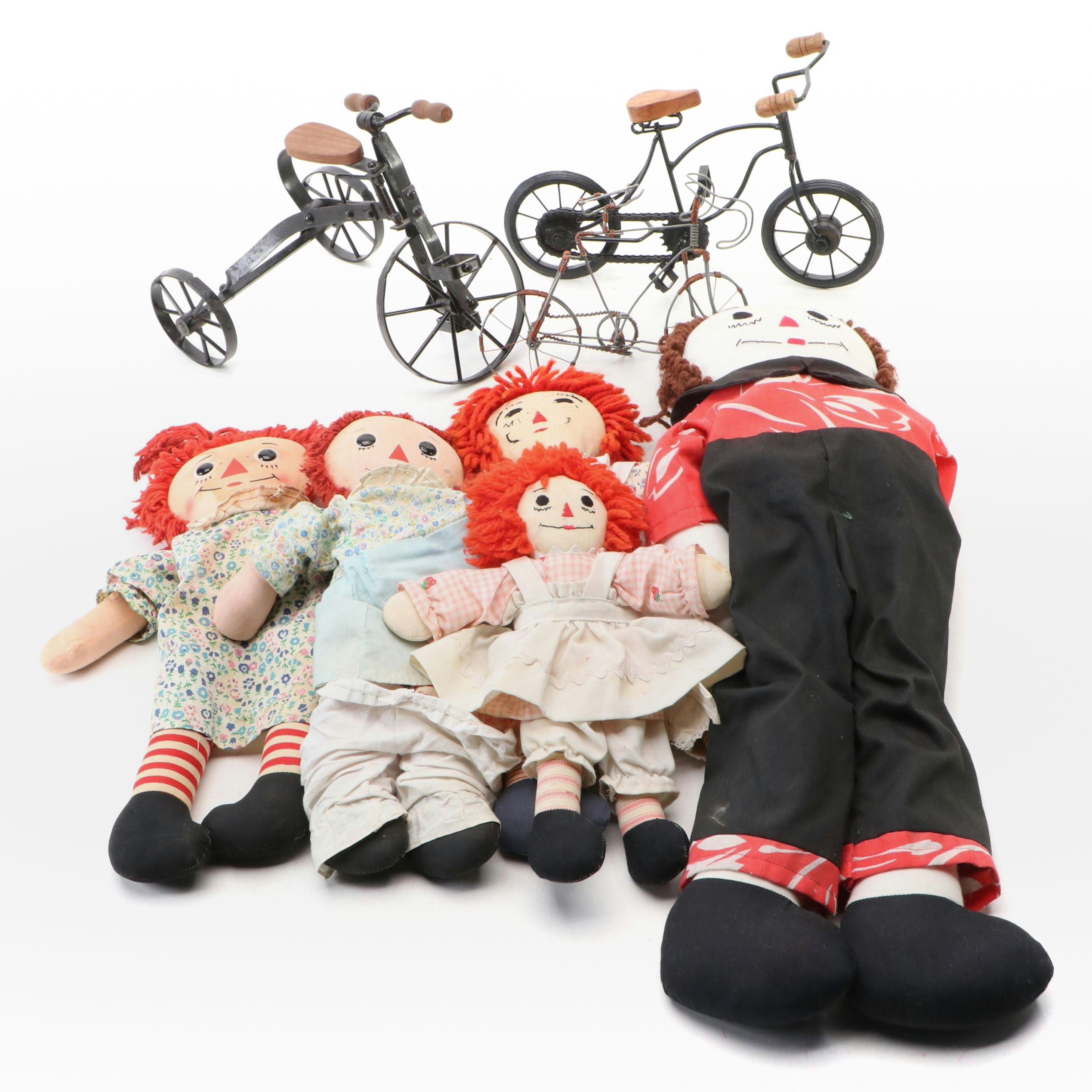 Raggedy Ann and Andy Cloth Dolls with Victorian Style Decorative Bicycles