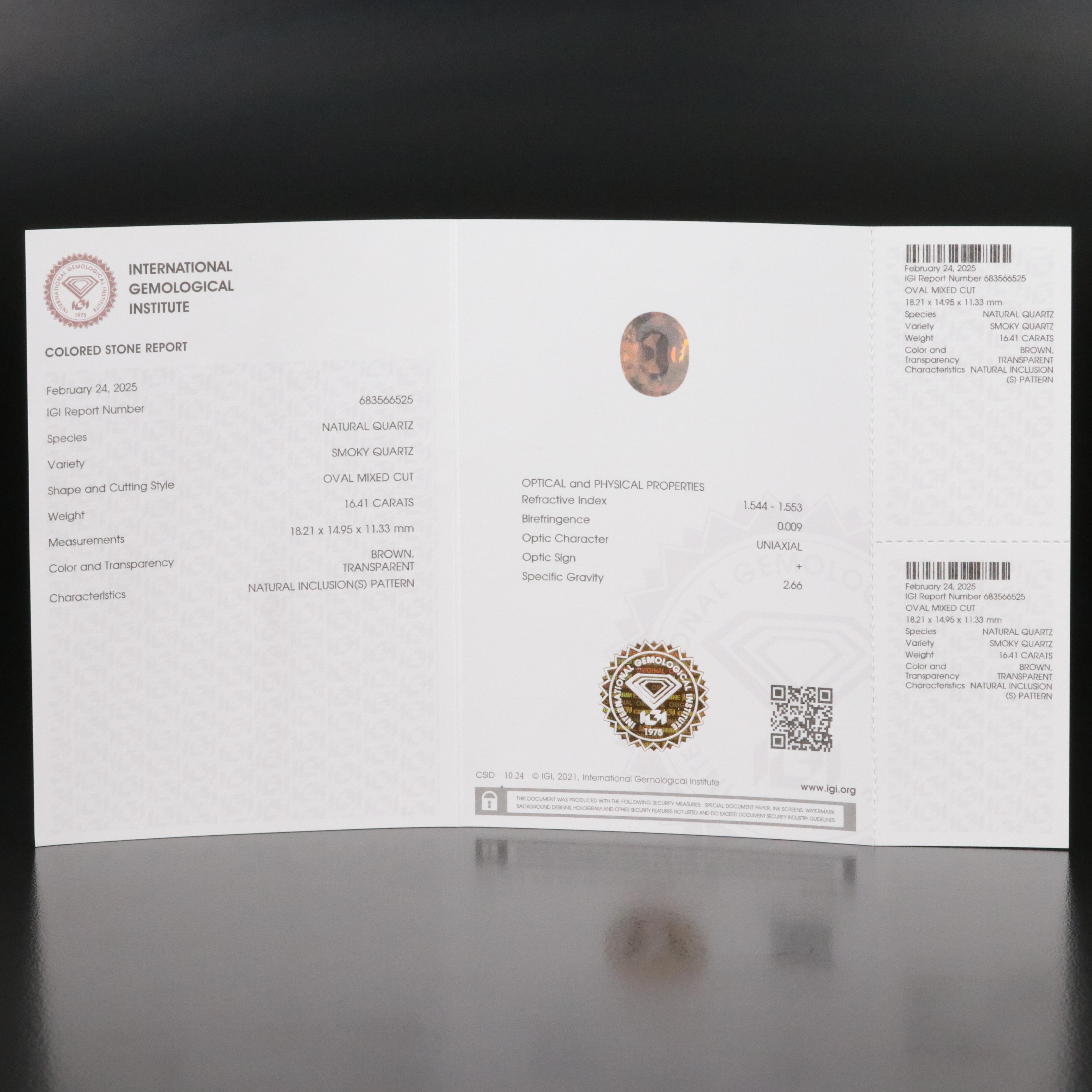 Loose 16.41 CT Smoky Quartz with IGI Report