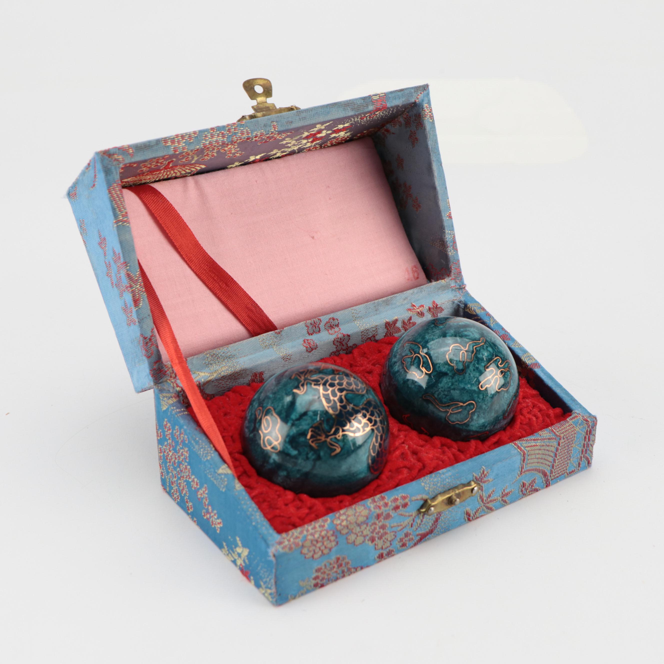 Chinese Cloisonné Blue Floral Vase and Dragon Baoding Balls