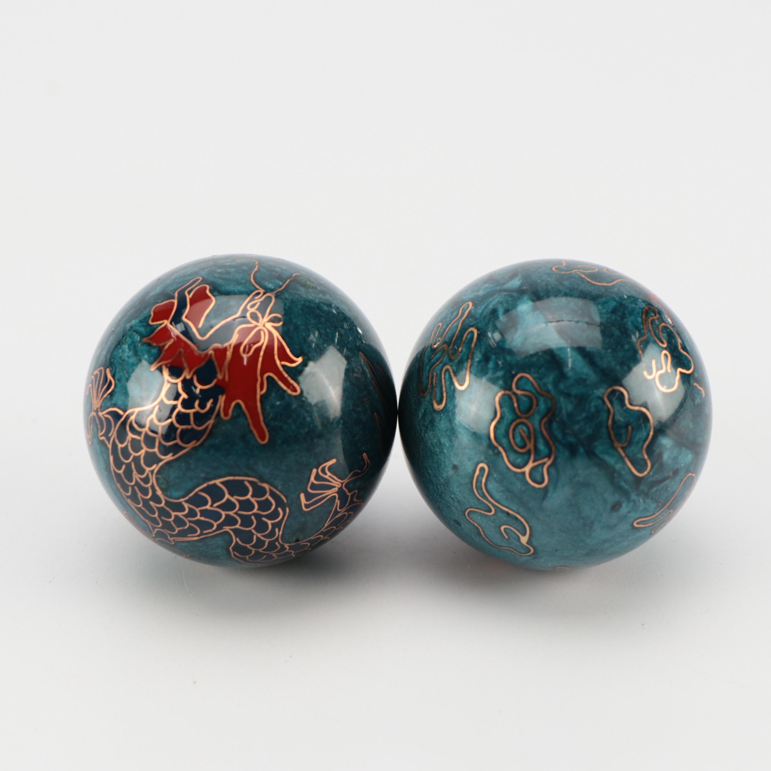 Chinese Cloisonné Blue Floral Vase and Dragon Baoding Balls