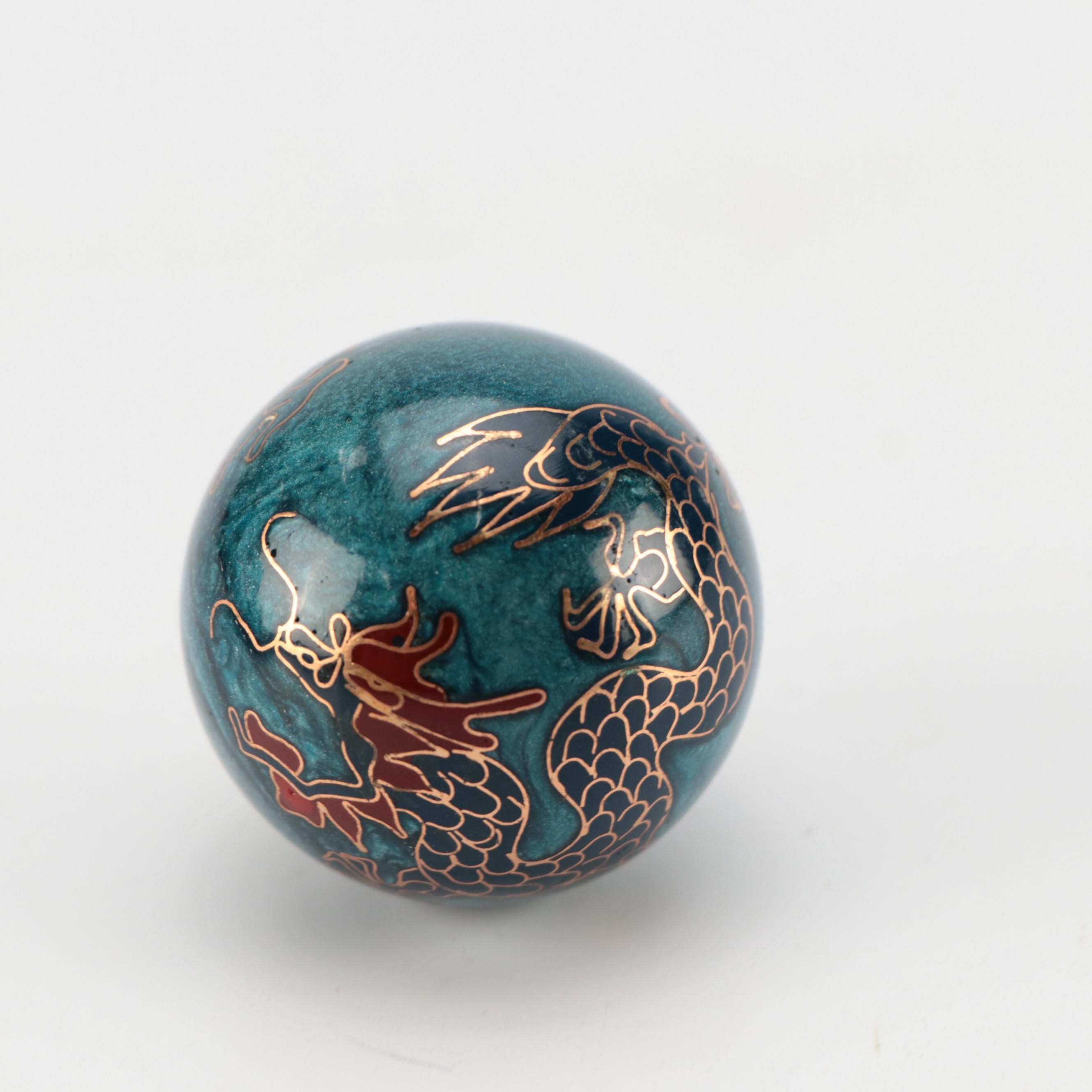 Chinese Cloisonné Blue Floral Vase and Dragon Baoding Balls