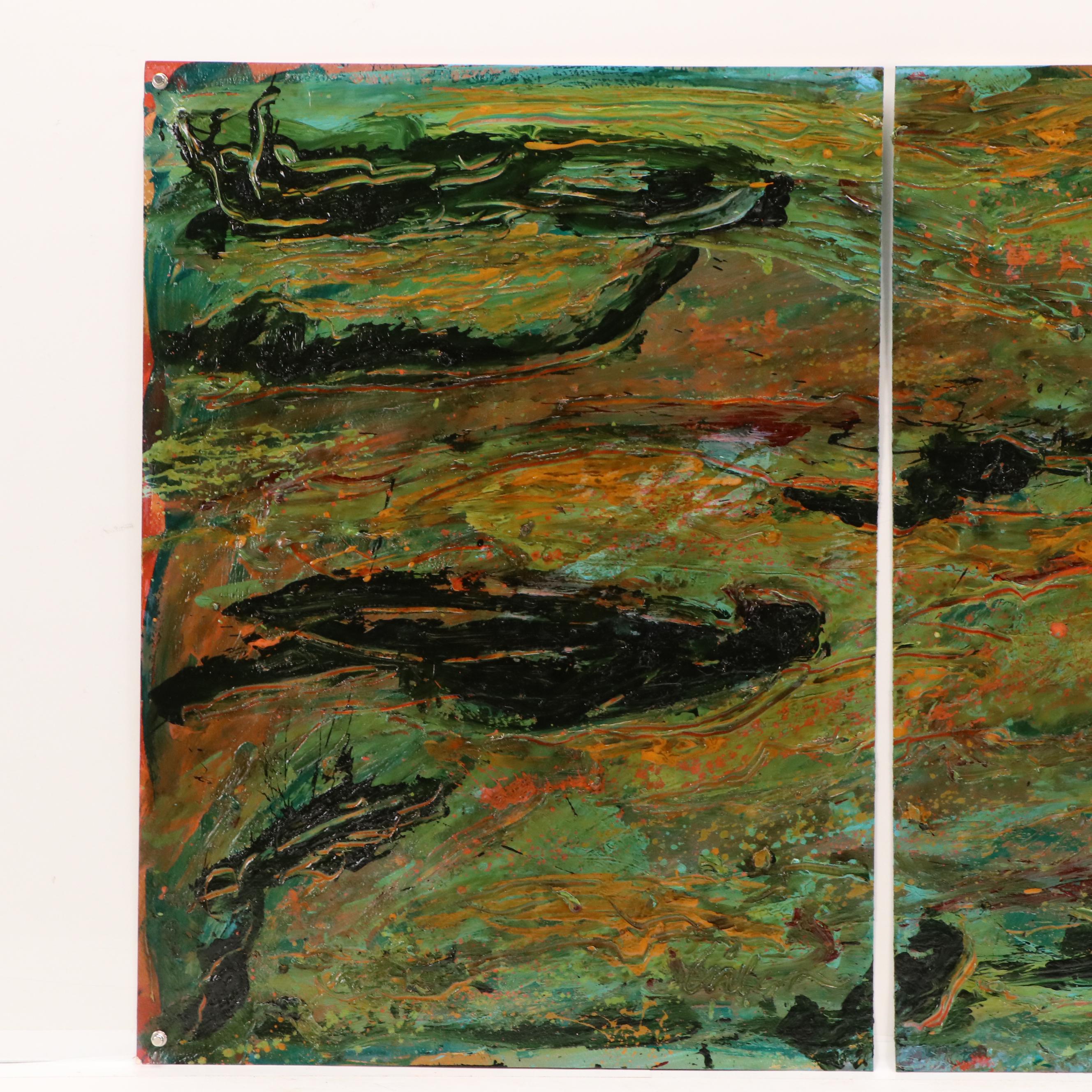 Harry Hilson Diptych Abstract Acrylic Painting in Mossy Green, 1986