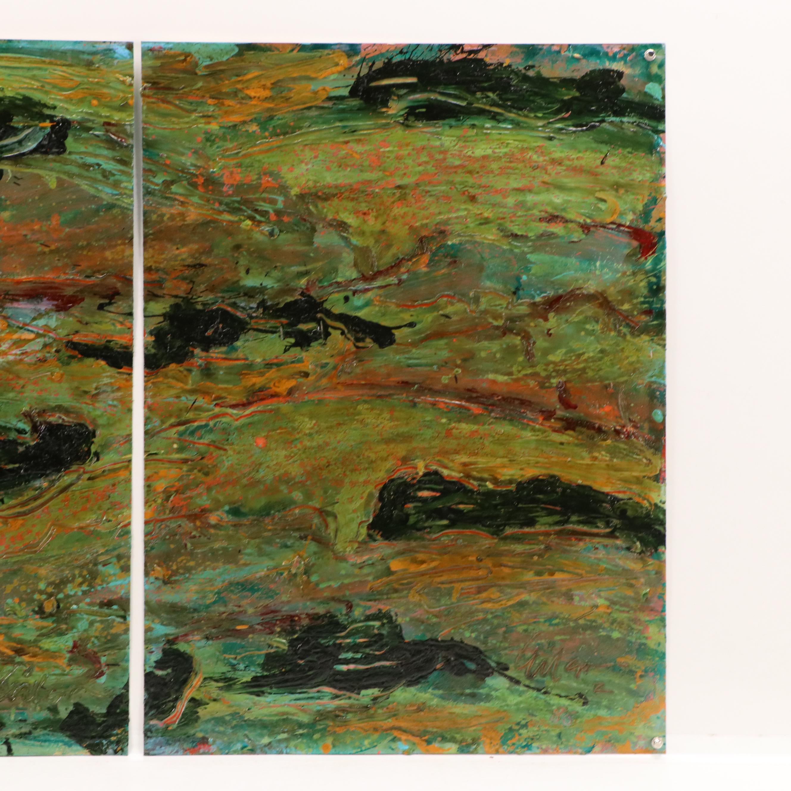 Harry Hilson Diptych Abstract Acrylic Painting in Mossy Green, 1986