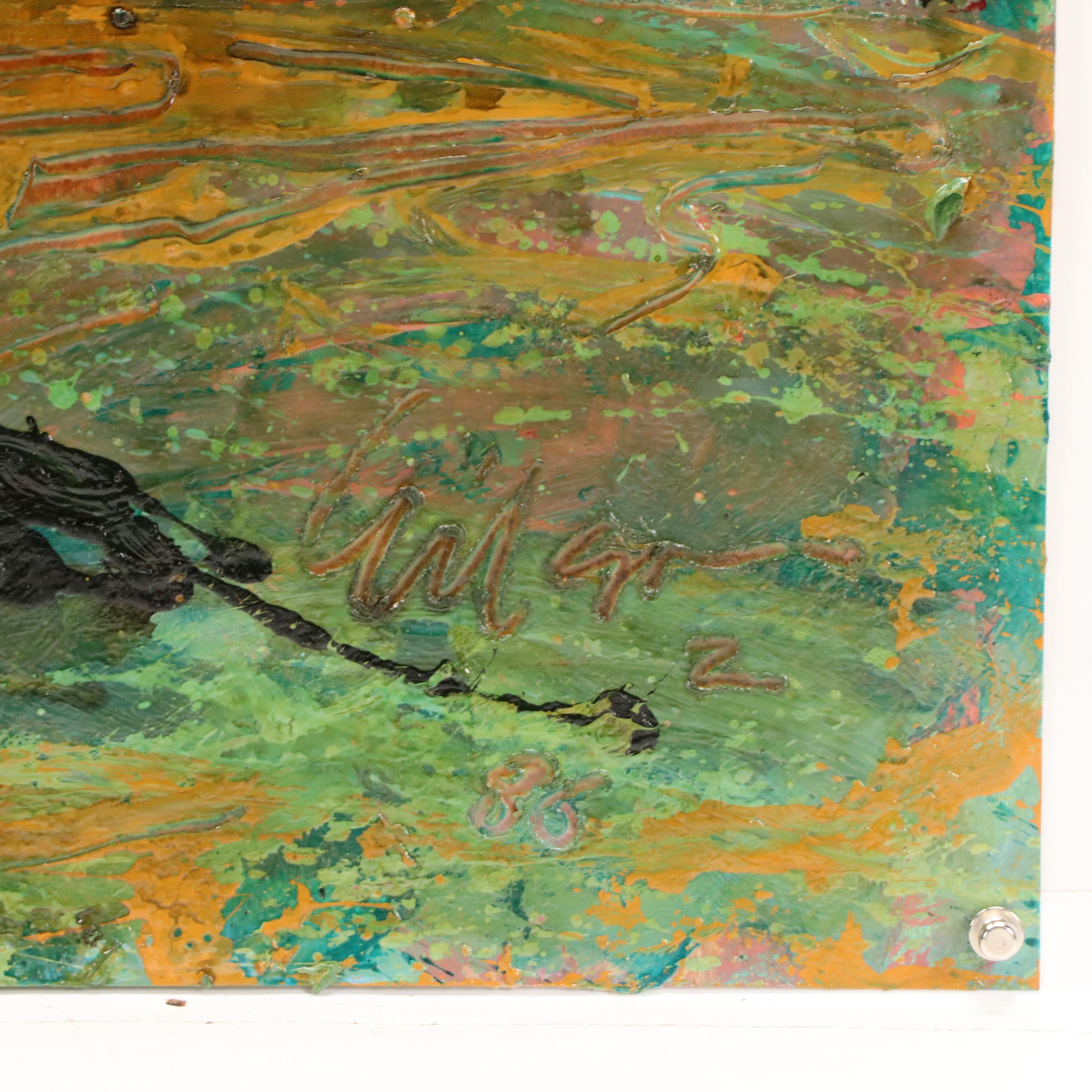 Harry Hilson Diptych Abstract Acrylic Painting in Mossy Green, 1986