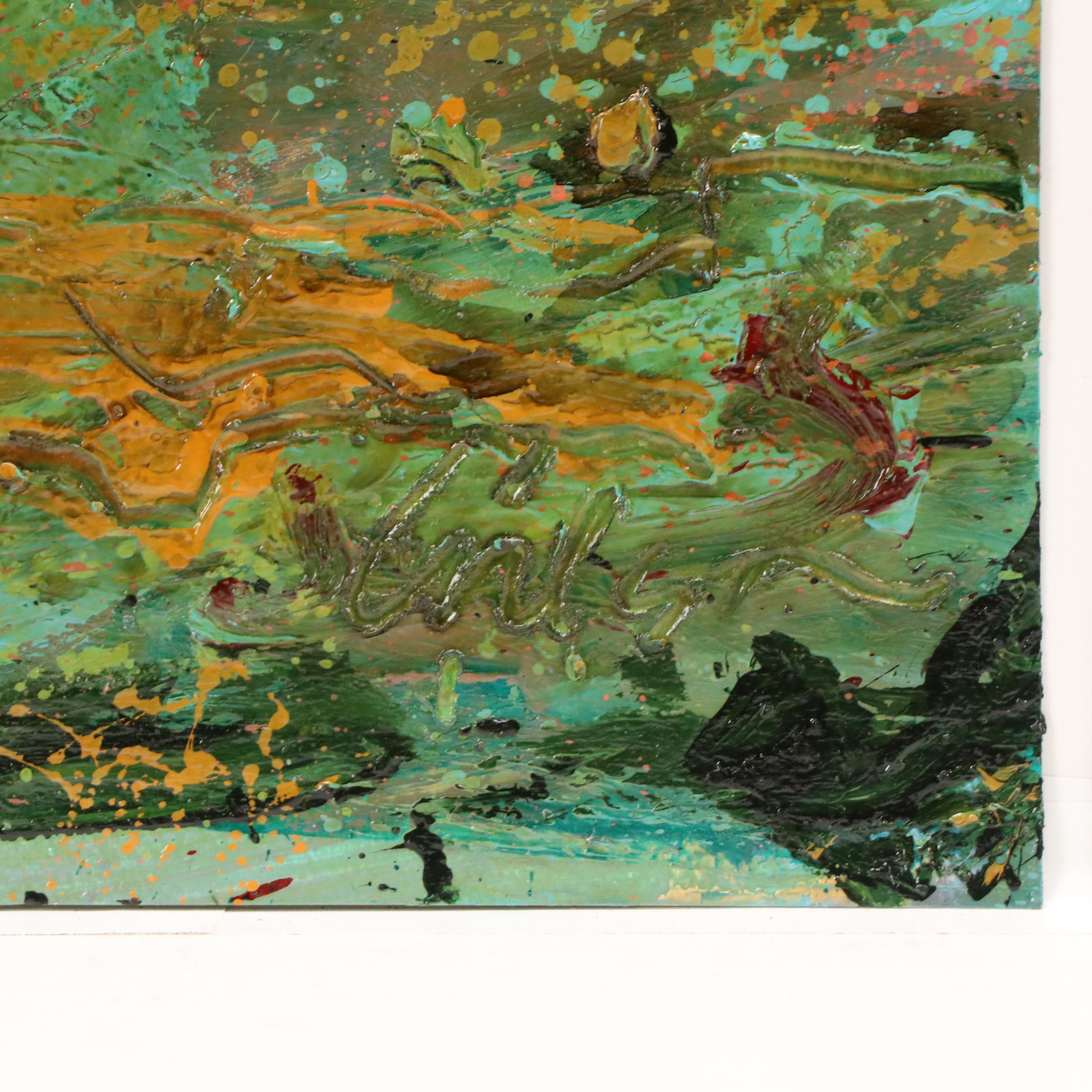 Harry Hilson Diptych Abstract Acrylic Painting in Mossy Green, 1986