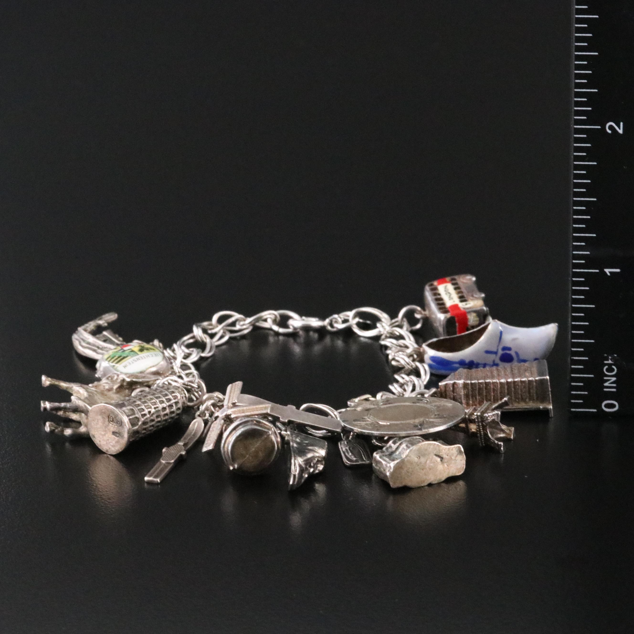 Sterling European Travel Themed Charm Bracelet Including 800 and 835 Silver