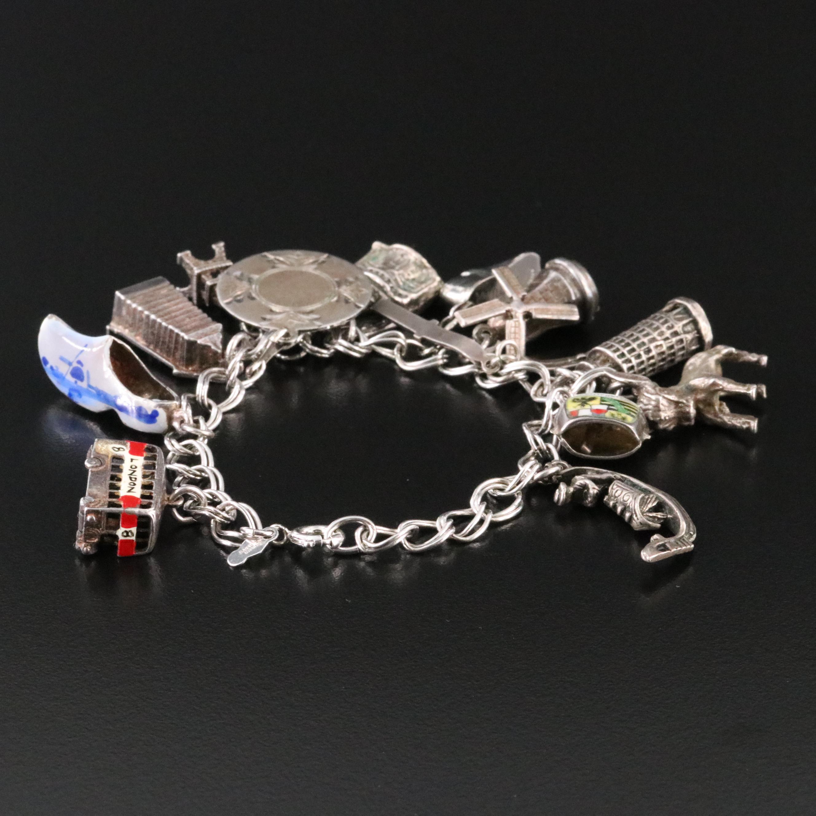 Sterling European Travel Themed Charm Bracelet Including 800 and 835 Silver