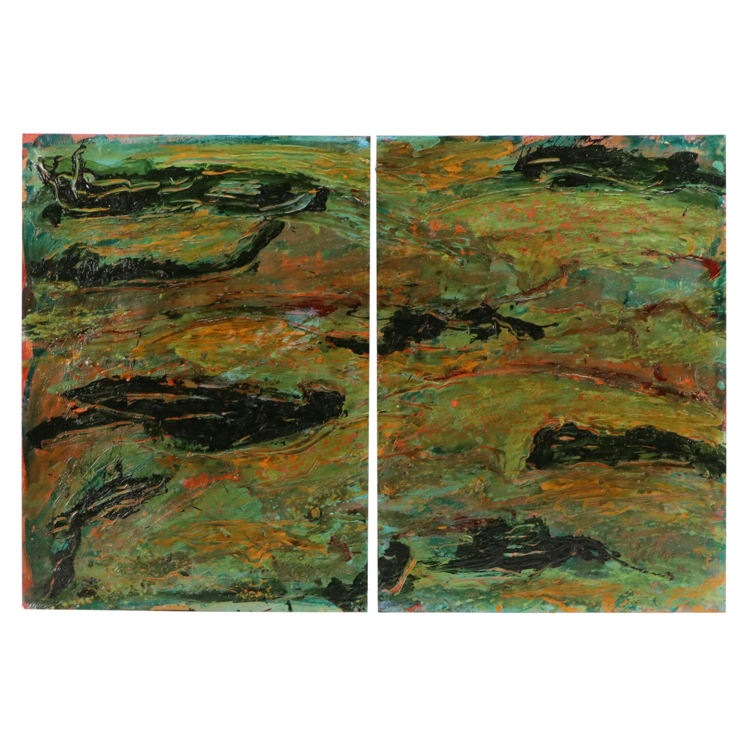 Harry Hilson Diptych Abstract Acrylic Painting in Mossy Green, 1986