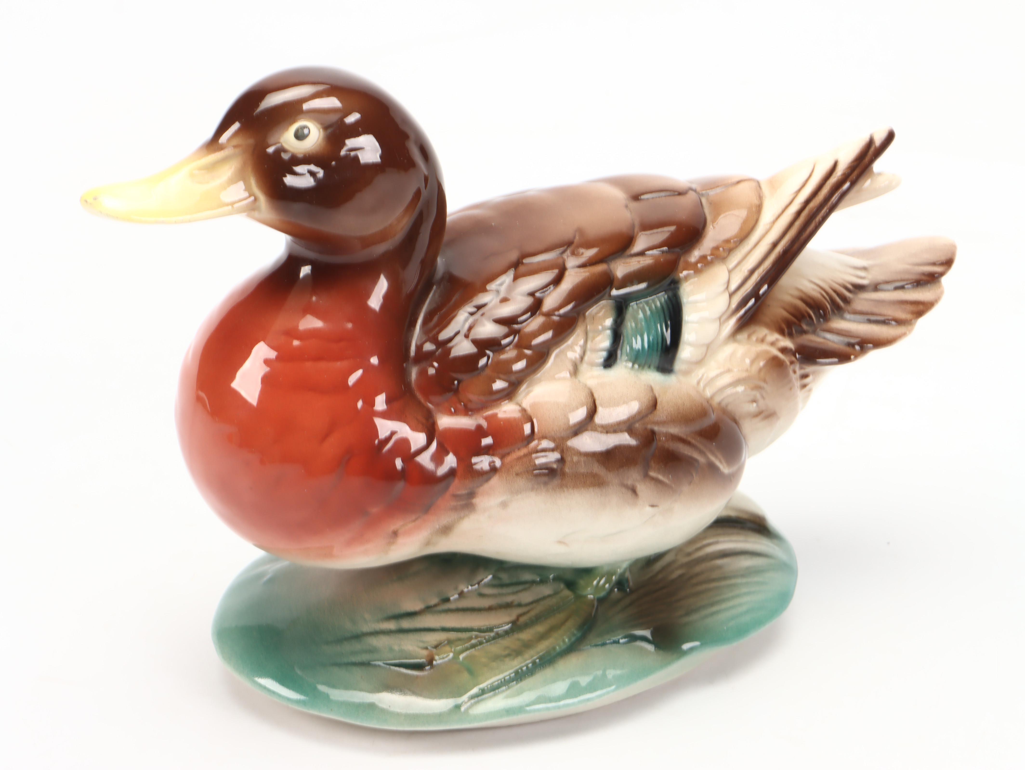 Ducks Unlimited Wooden Hen Mallard Decoy and Other Ceramic Duck Figurine