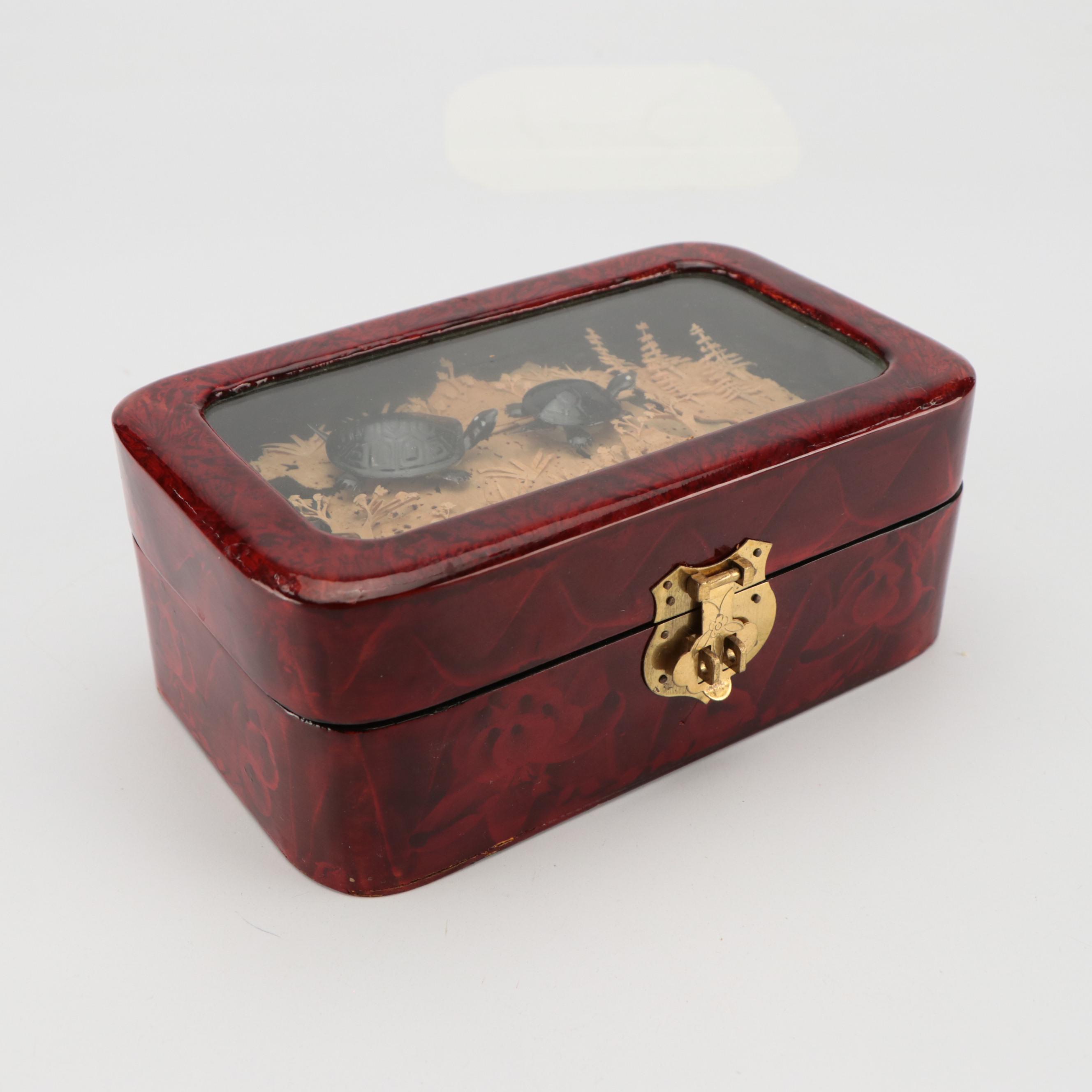 Chinese Wooden Corn Husk Swan with Folding Fans and Turtle Jewelry Box