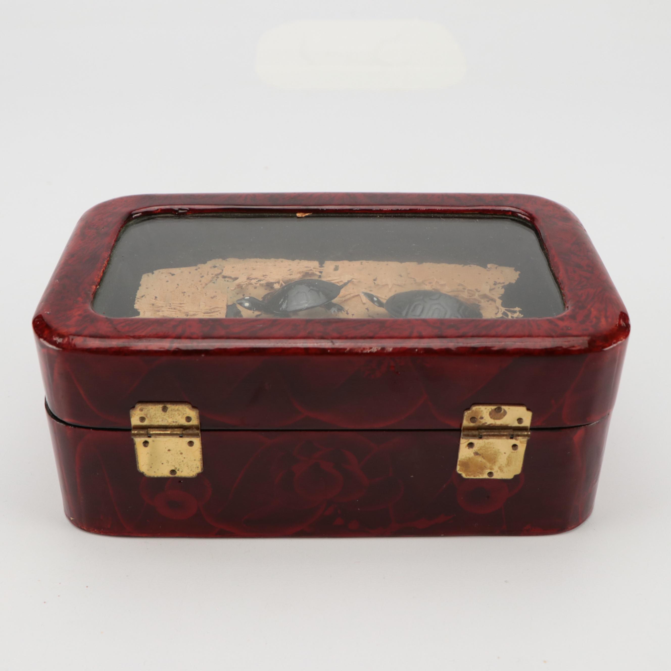 Chinese Wooden Corn Husk Swan with Folding Fans and Turtle Jewelry Box