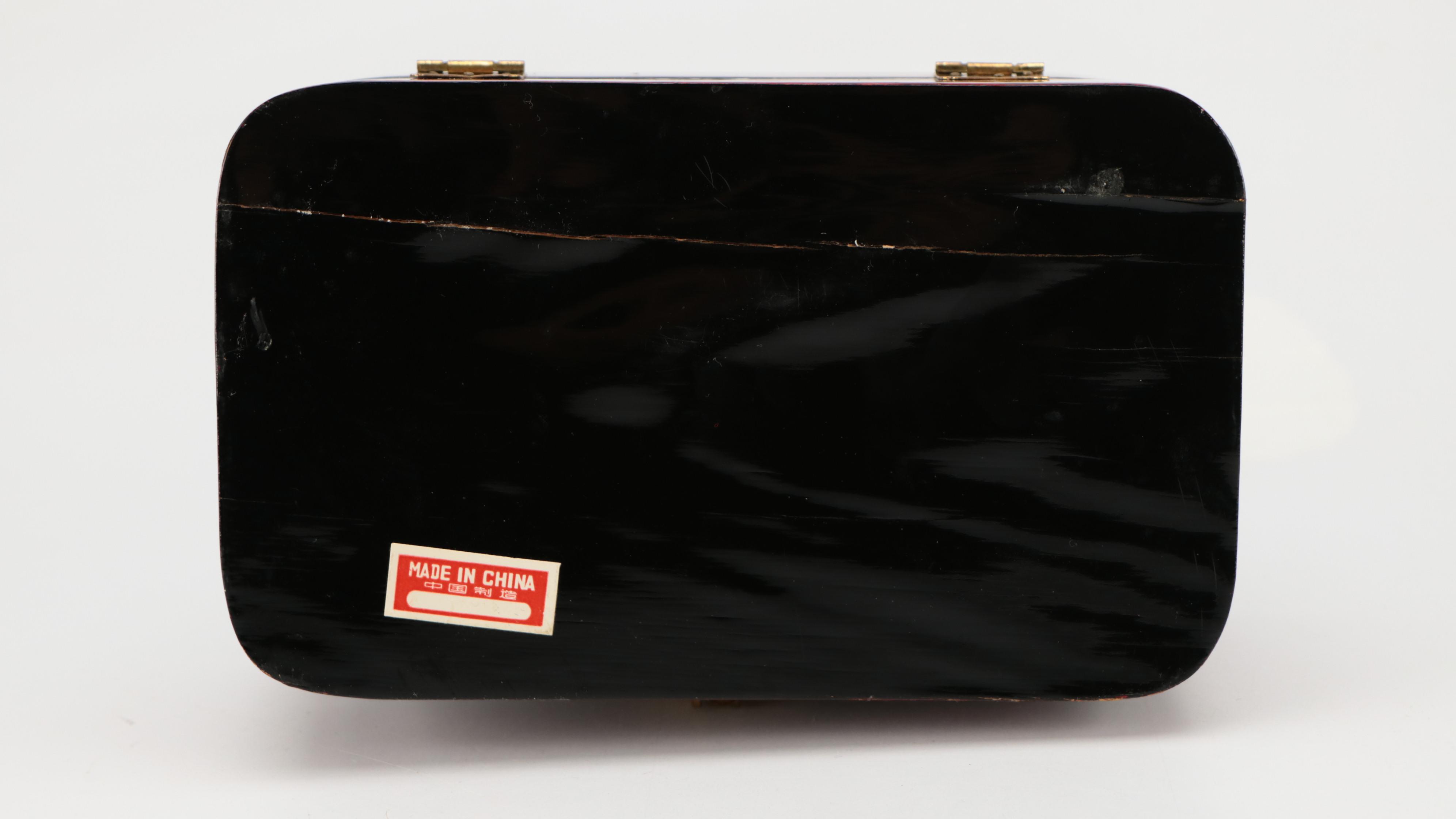 Chinese Wooden Corn Husk Swan with Folding Fans and Turtle Jewelry Box