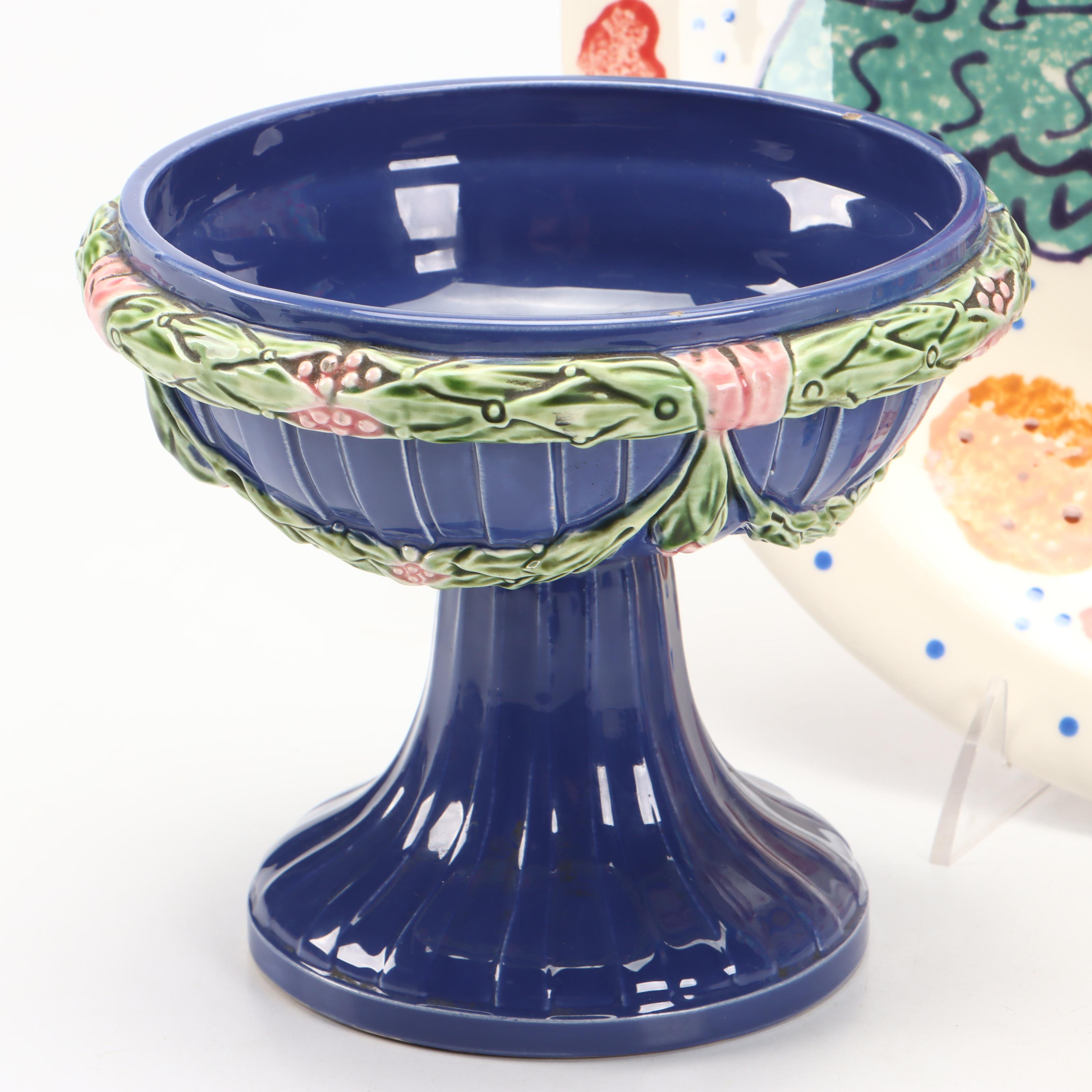 Artist Signed Ceramic Bowl, Ceramic Compote, and Fabric Dammit Doll