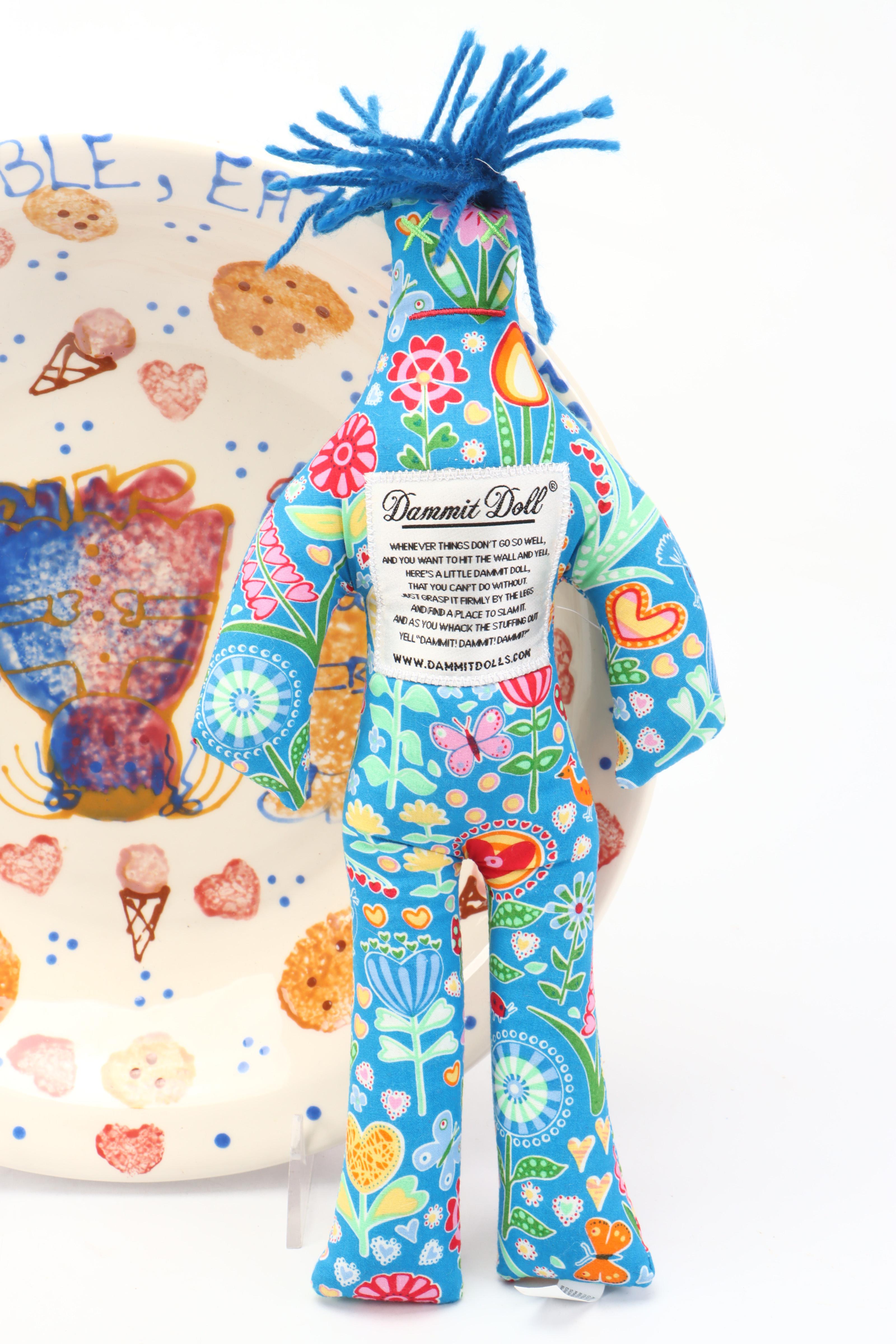 Artist Signed Ceramic Bowl, Ceramic Compote, and Fabric Dammit Doll