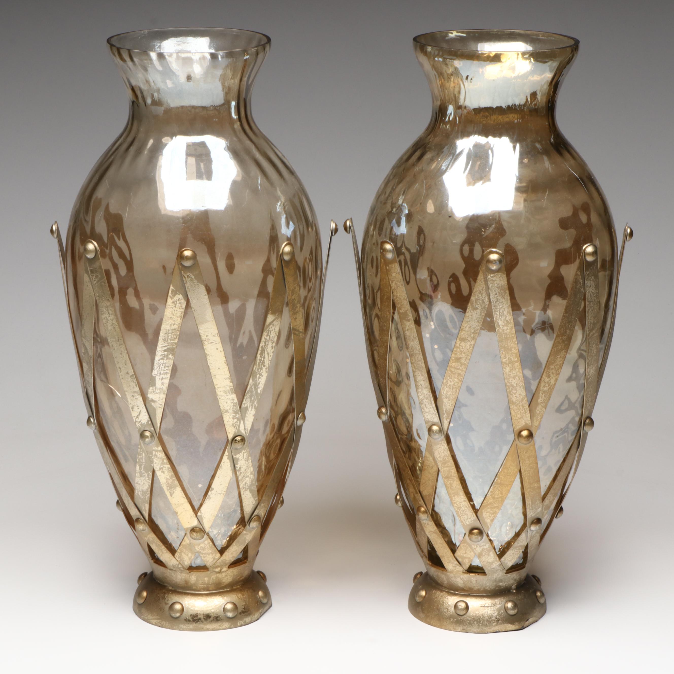 Pier 1 Luster Glass Vases with Metal Accordion Framework