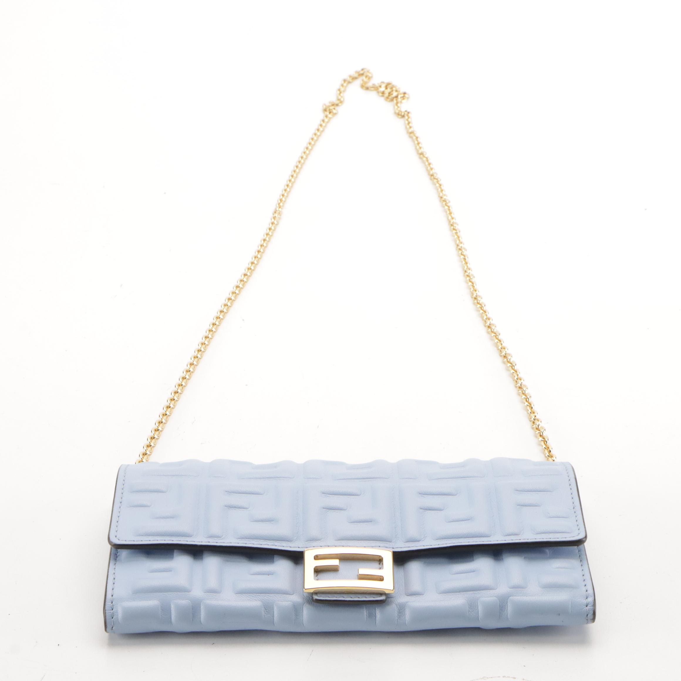 Fendi Powder Blue Zucca Embossed Leather Continental Wallet on Chain