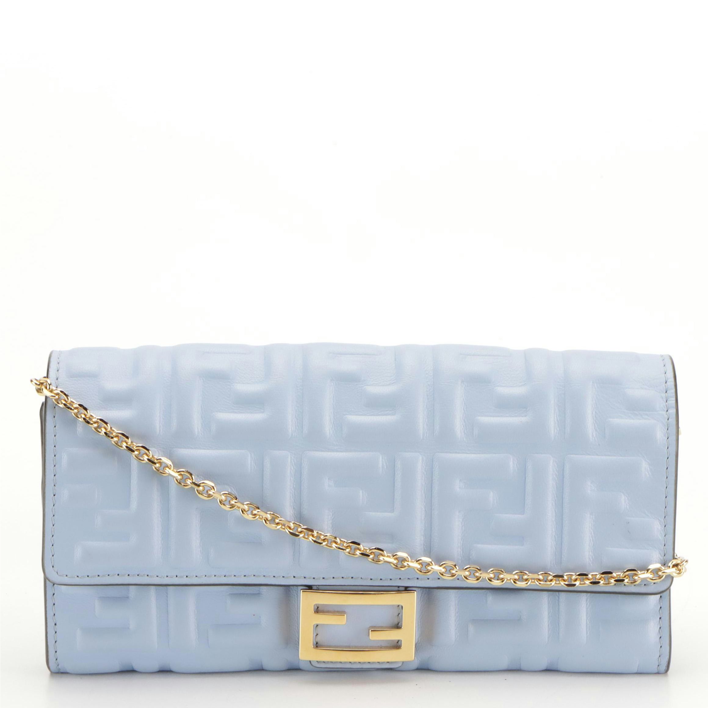Fendi Powder Blue Zucca Embossed Leather Continental Wallet on Chain