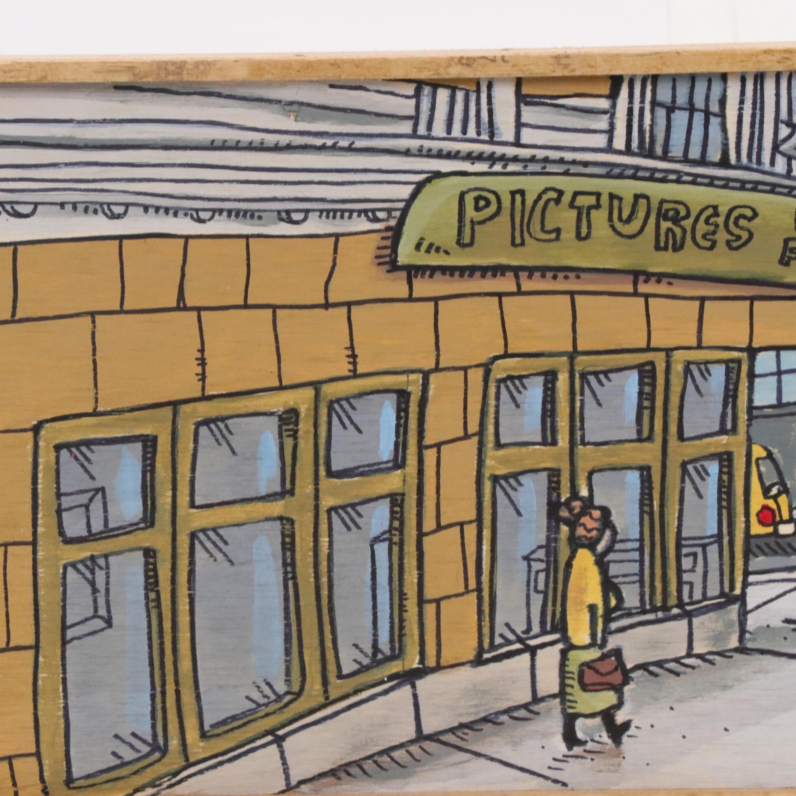 Aaron Wooten Stylized Cityscape Acrylic Painting "Frame Shop on Broadway," 2025