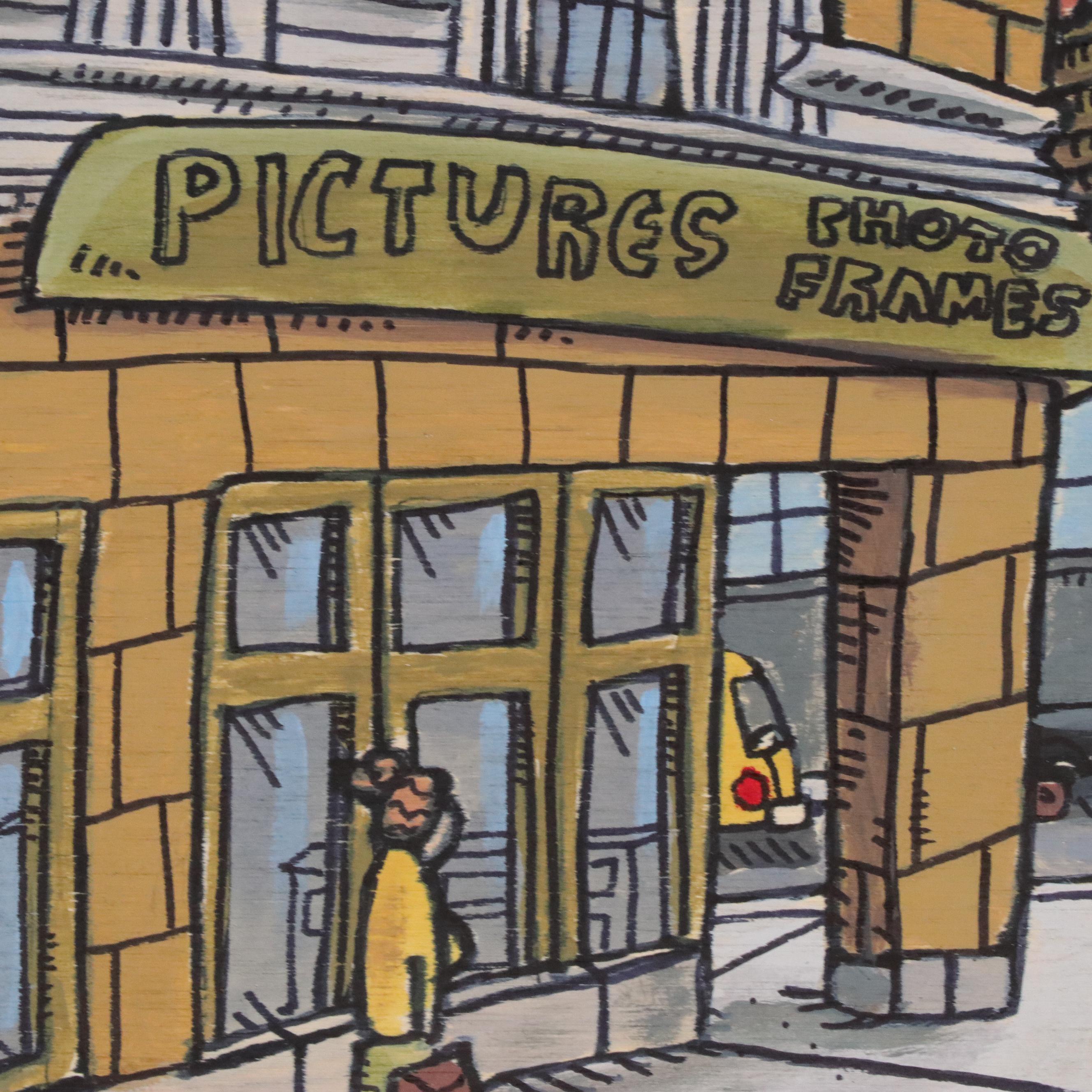 Aaron Wooten Stylized Cityscape Acrylic Painting "Frame Shop on Broadway," 2025