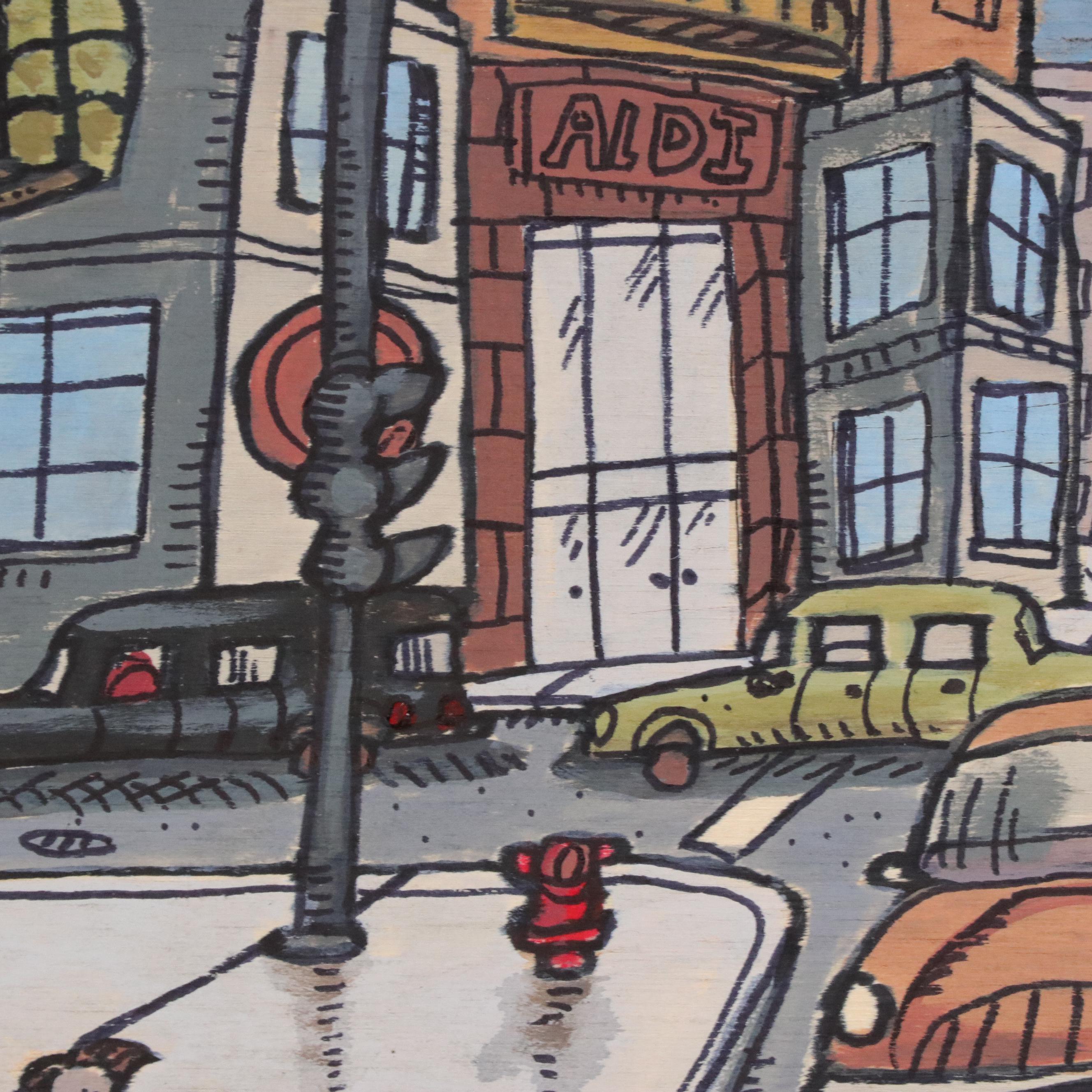 Aaron Wooten Stylized Cityscape Acrylic Painting "Frame Shop on Broadway," 2025