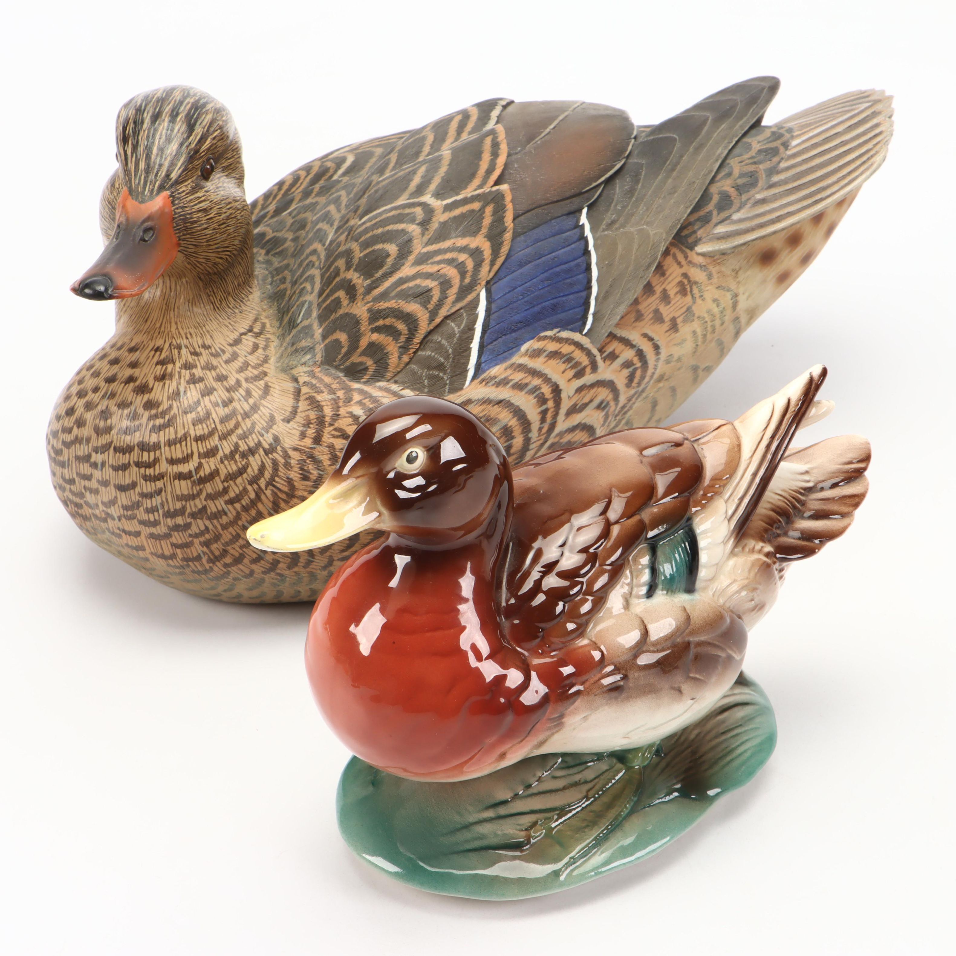 Ducks Unlimited Wooden Hen Mallard Decoy and Other Ceramic Duck Figurine