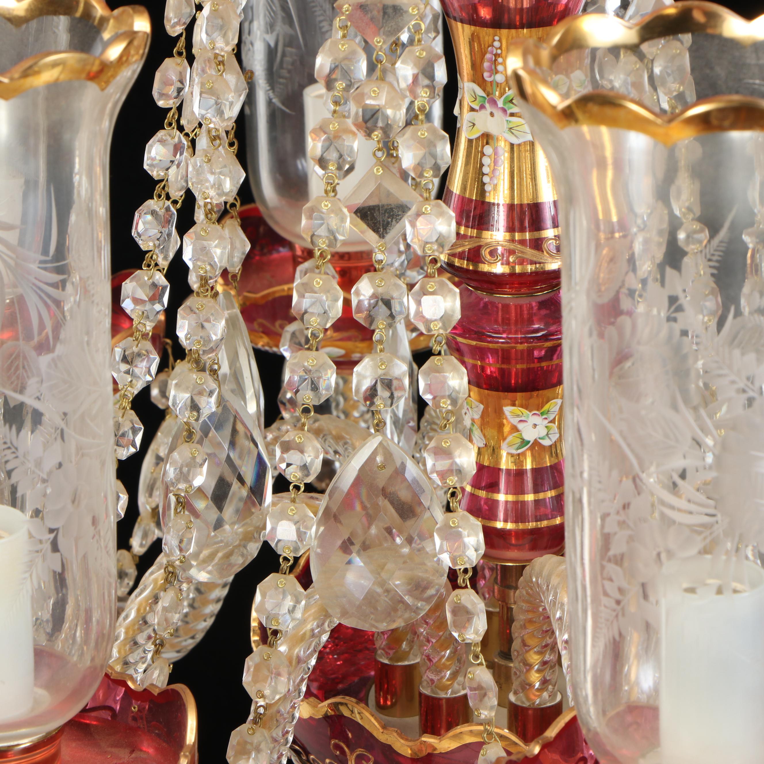 Bohemian Cranberry Glass and Brass Eight-Arm Chandelier with Glass Accents