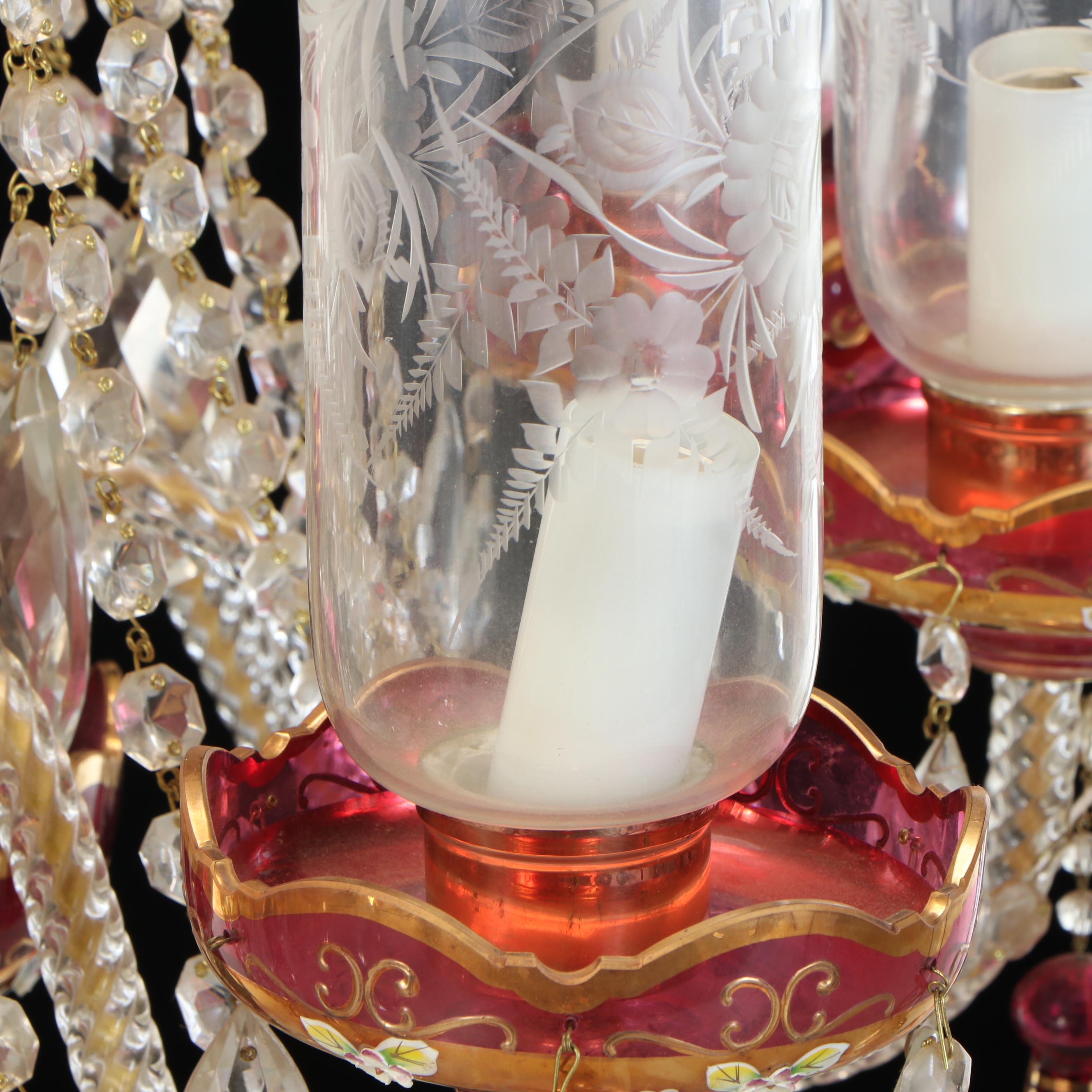 Bohemian Cranberry Glass and Brass Eight-Arm Chandelier with Glass Accents