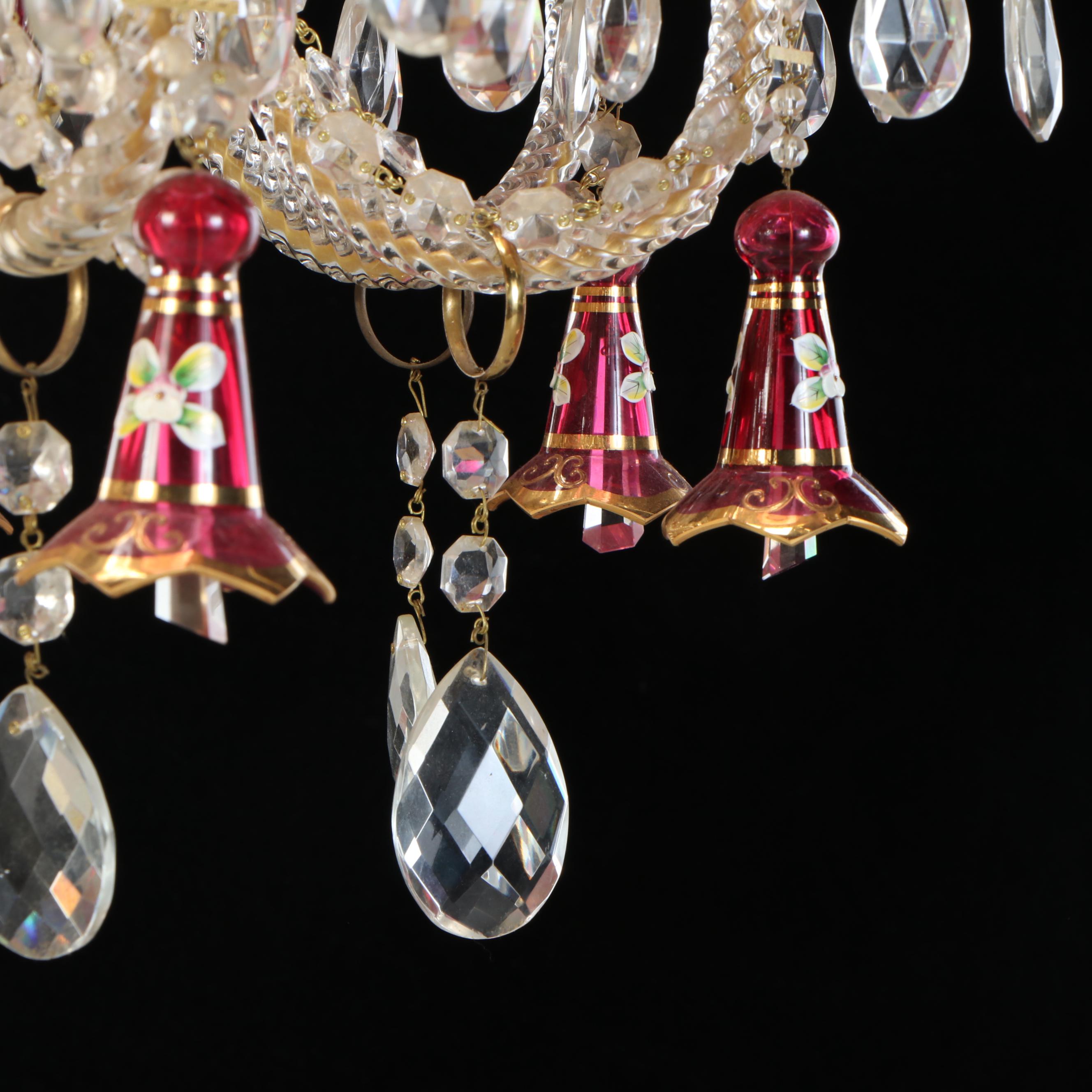 Bohemian Cranberry Glass and Brass Eight-Arm Chandelier with Glass Accents