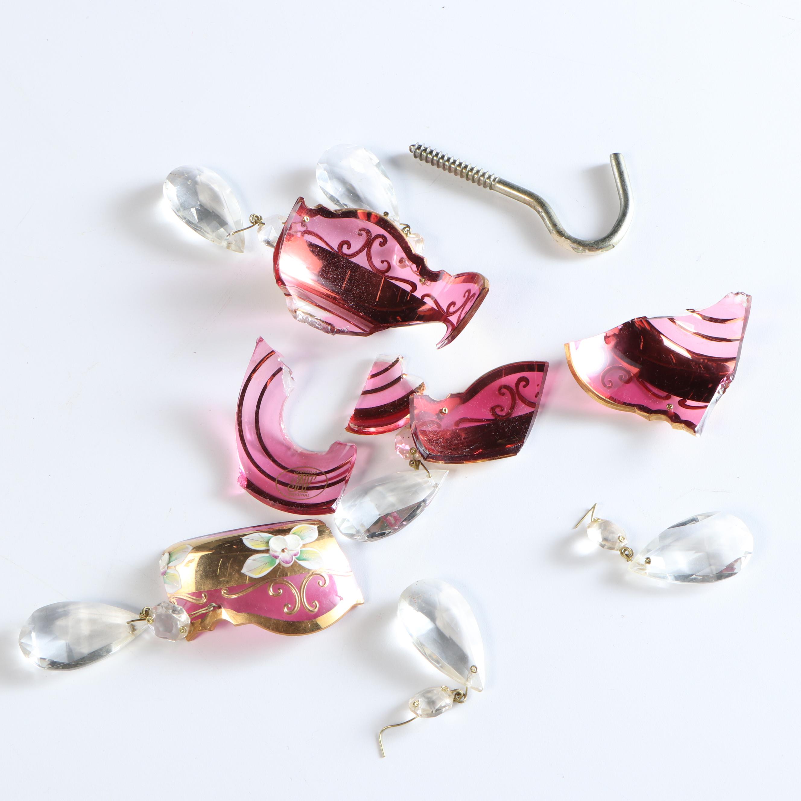 Bohemian Cranberry Glass and Brass Eight-Arm Chandelier with Glass Accents